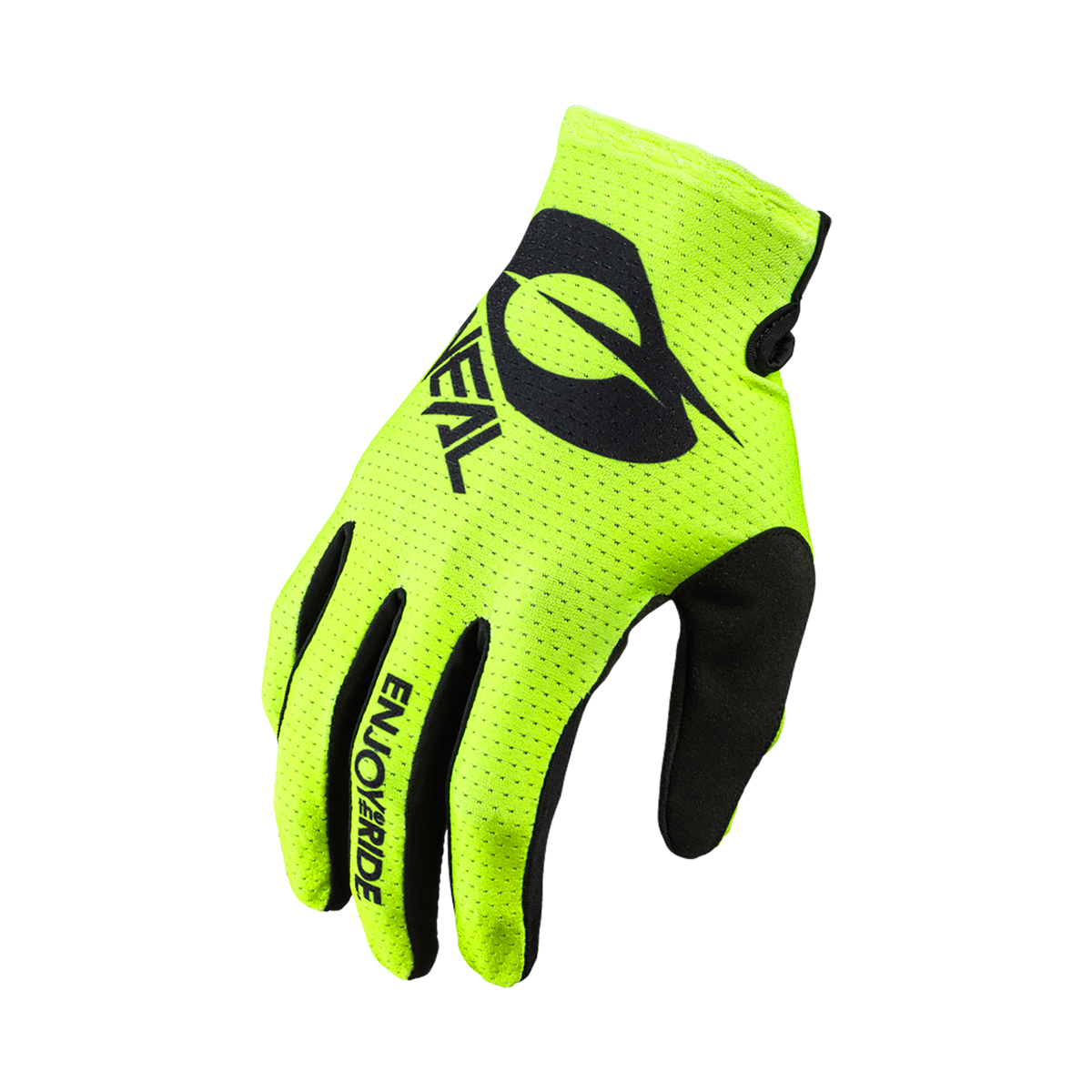 Der O'NEAL MATRIX Handschuh STACKED ist ein atmungsaktiver, neongelber Handschuh mit schwarzen Akzenten und "ENJOY RIDE"-Aufdruck, der mit perforiertem Gewebe und schwarzen Fingerspitzen für Komfort und Style sorgt.
