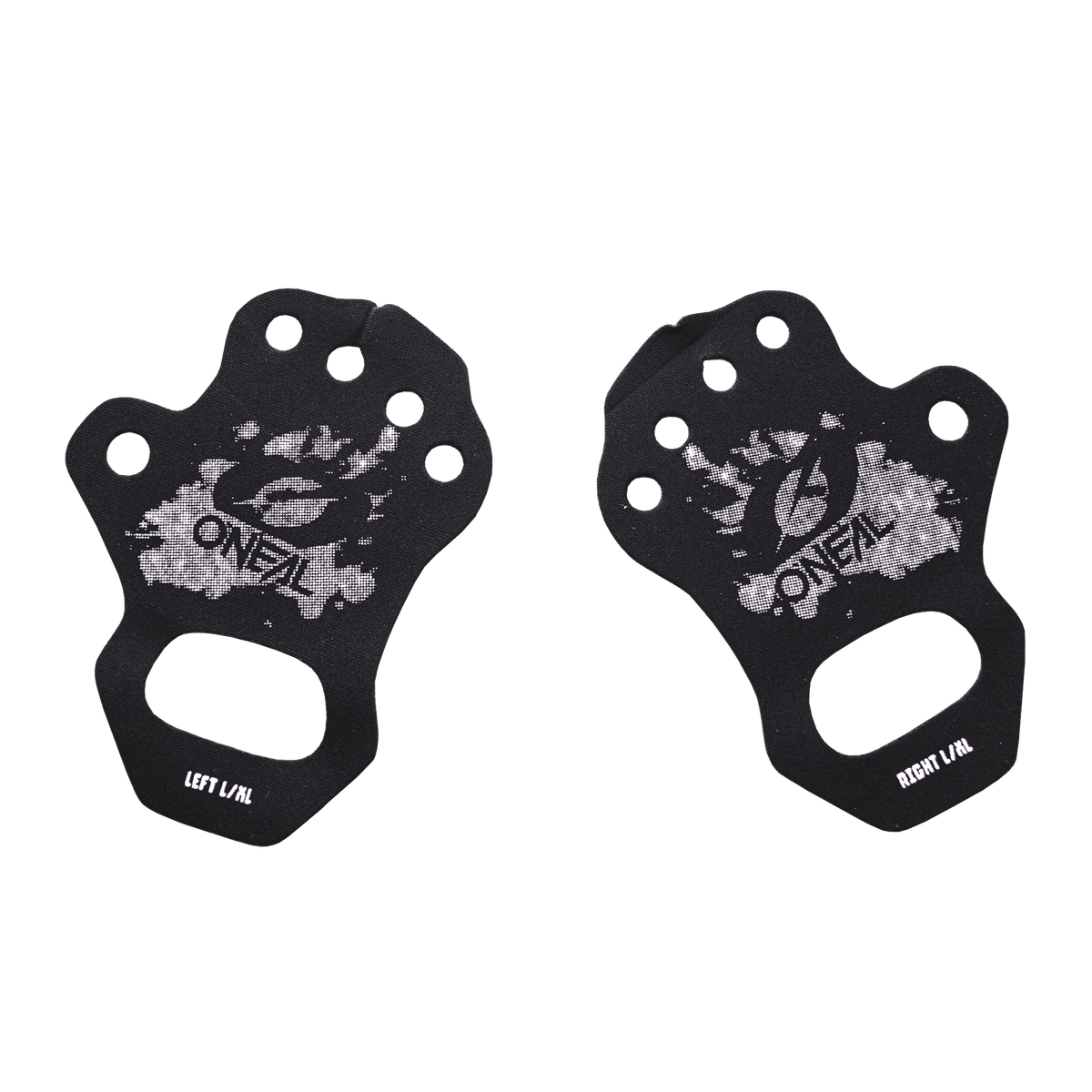 Ein Paar schwarze O'NEAL Handflächenschützer Griffe mit weißem Spritzerdesign, beschriftet mit "LEFT/L/L" und "RIGHT/R/L". Ideal für Fahrer, die Komfort und Kontrolle im MX oder MTB suchen. Marke: O'NEAL.
