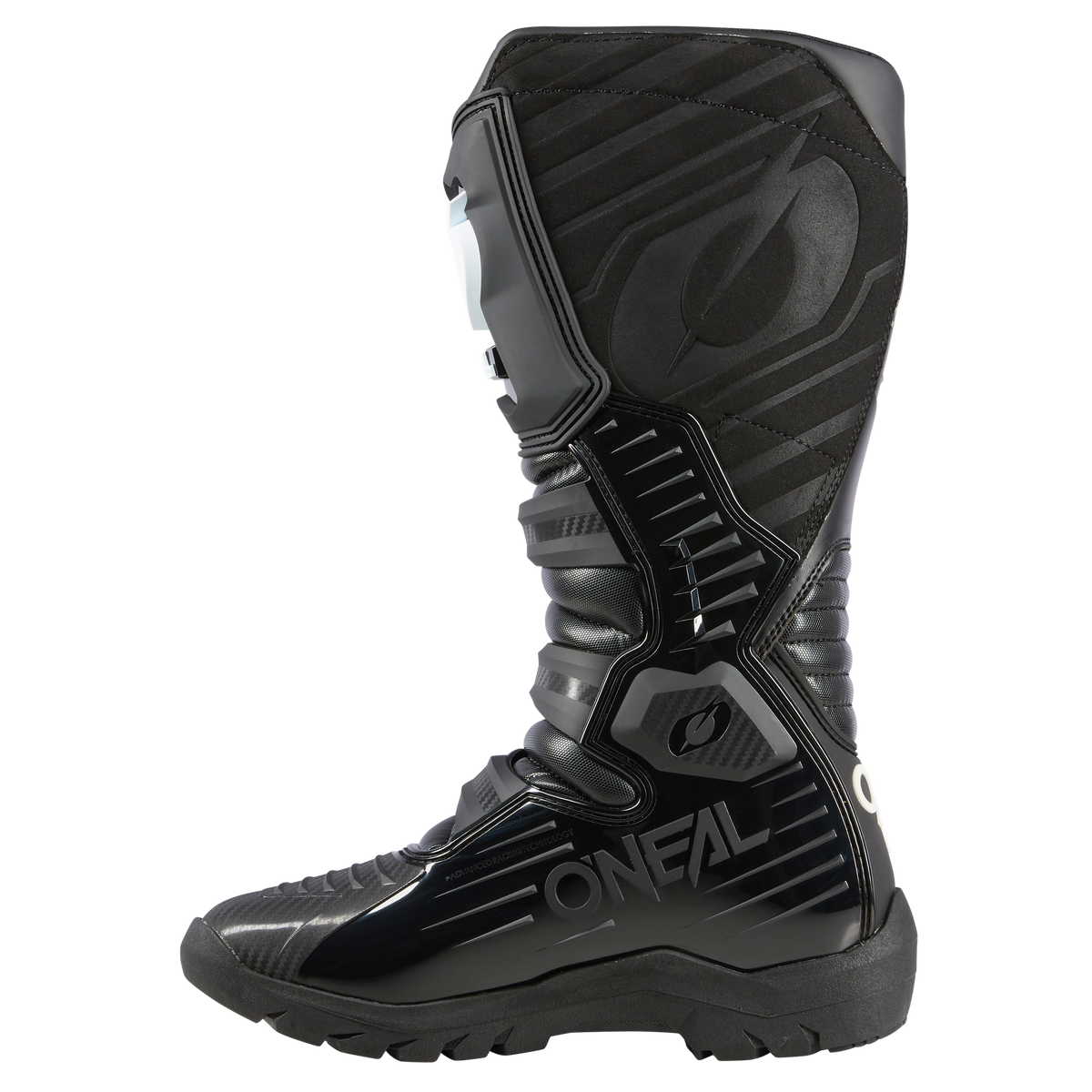 Der O'NEAL RMX Adventure Boot in Schwarz mit verstärkten Einsätzen, geriffeltem Schienbeinschutz und O'NEAL-Branding an der Seite ist im Profil vor weißem Hintergrund zu sehen - die perfekte Motorsportausrüstung für begeisterte Fahrer.