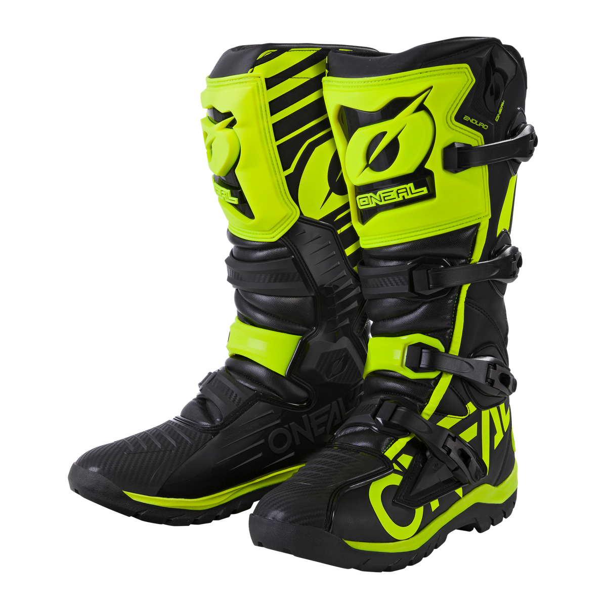 Der O'NEAL RMX Adventure Boot in Schwarz und Neongelb verfügt über ein auffälliges Branding, schützende Schienbeinplatten, Schnallen und robuste Sohlen - die perfekte Ausrüstung für den Motorsport im Gelände.