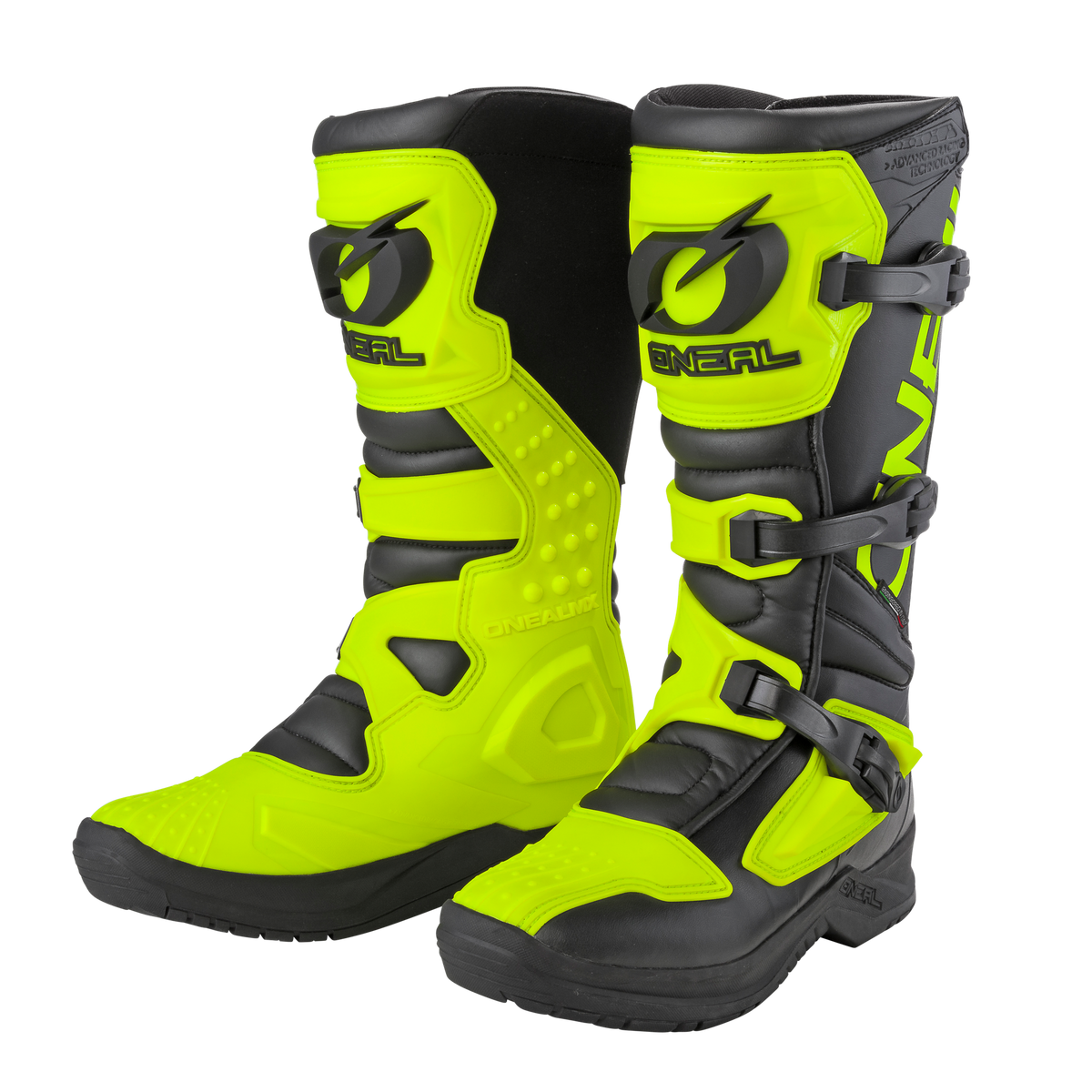 Die O'NEAL RSX Stiefel sind leuchtend gelbe und schwarze Motocross-Stiefel mit verstärkten Riemen, Schnallen, Schutzplatten, robusten Sohlen und dem O'NEAL-Logo auf der Vorderseite - ideal für den Einsatz im Gelände.