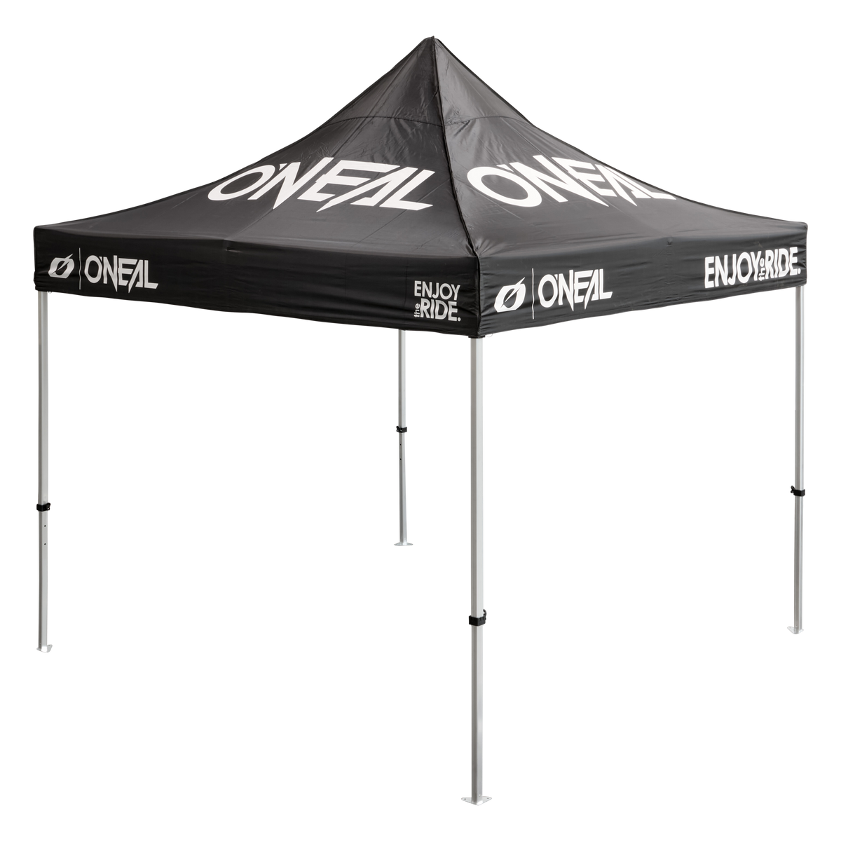 Das O'NEAL RACE TENT ist ein schwarzes Pop-up-Zelt mit weißer Aufschrift "O'NEAL" und "ENJOY THE RIDE" auf dem Dach und den Volants, das auf vier Metallfüßen steht.
