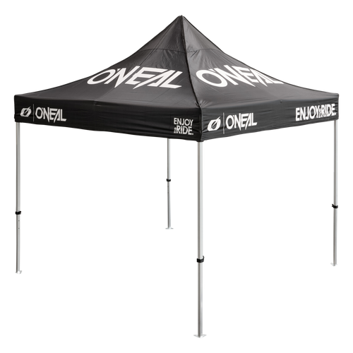 Das O'NEAL RACE TENT ist ein schwarzes Pop-up-Zelt mit weißer Aufschrift
