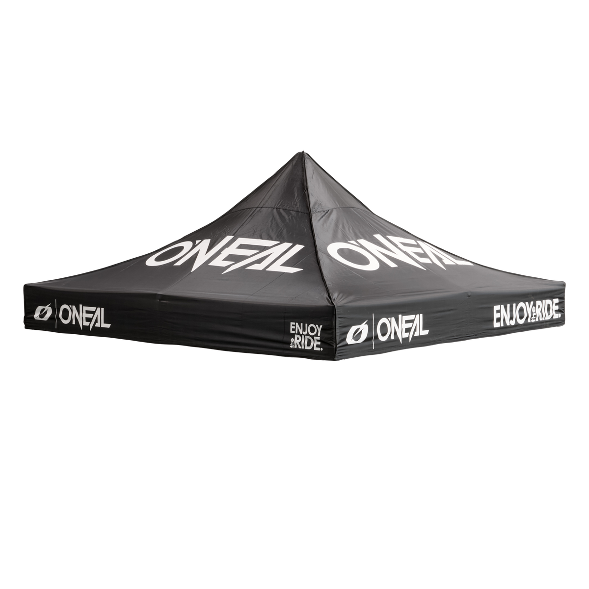 Das O'NEAL RACE TENT Cover ist eine schwarze Überdachung mit dem O'NEAL-Logo und dem Aufdruck "ENJOY THE RIDE" in Weiß auf allen Seiten und dem Dach.