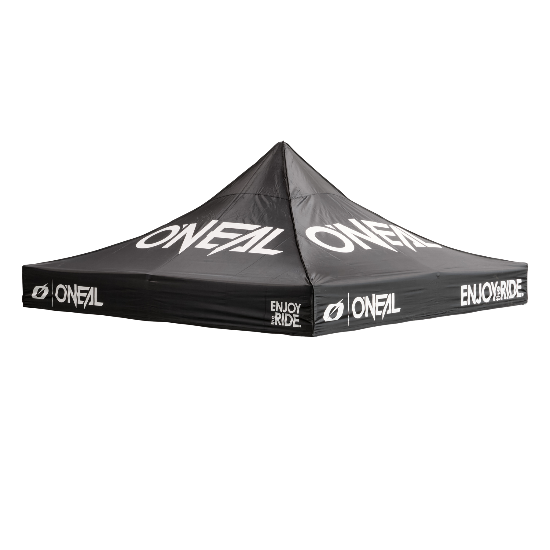 Das O'NEAL RACE TENT Cover ist eine schwarze Überdachung mit dem O'NEAL-Logo und dem Aufdruck "ENJOY THE RIDE" in Weiß auf allen Seiten und dem Dach.