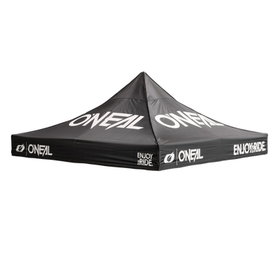 Das O'NEAL RACE TENT Cover ist eine schwarze Überdachung mit dem O'NEAL-Logo und dem Aufdruck "ENJOY THE RIDE" in Weiß auf allen Seiten und dem Dach.