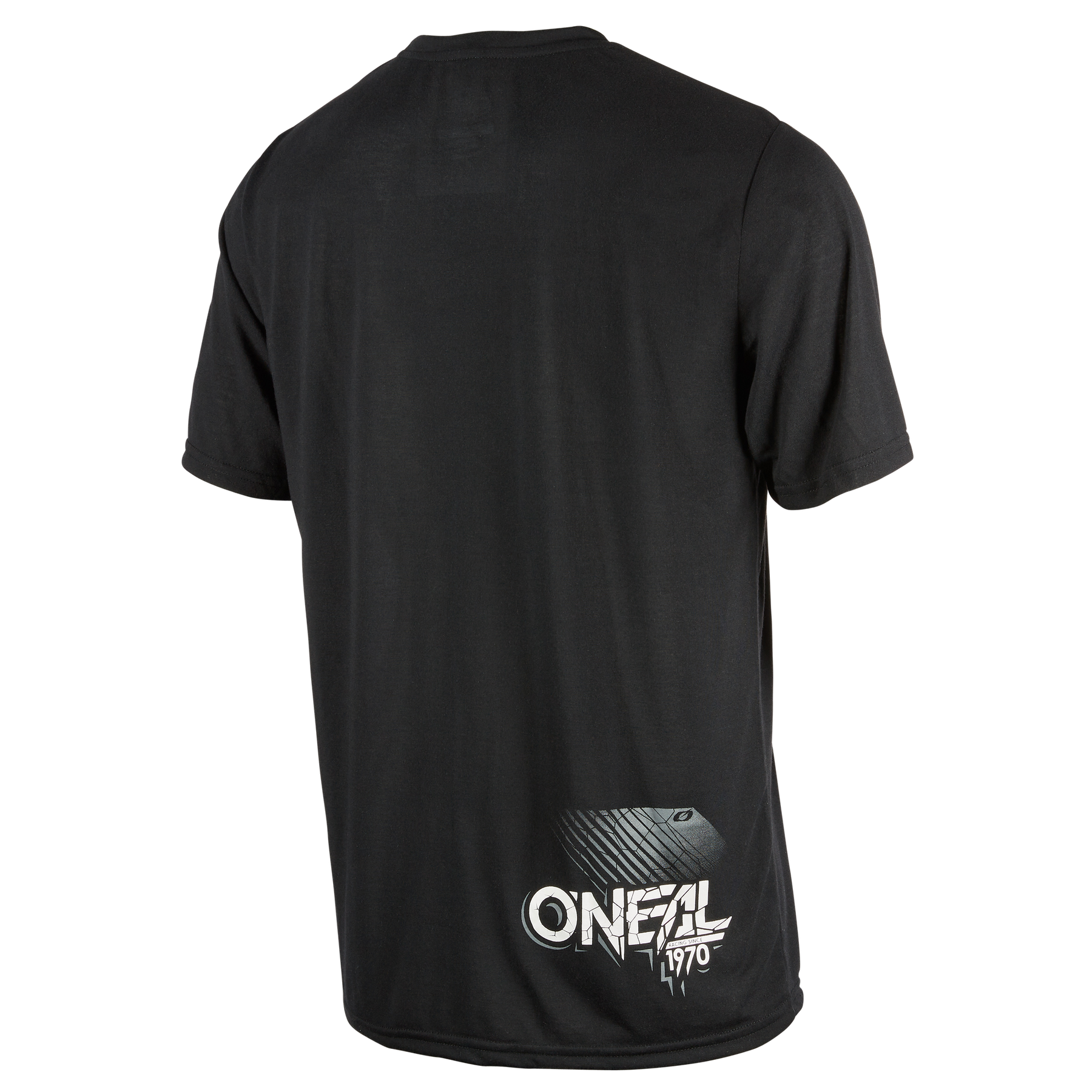 Das O'NEAL VAULT Jersey ist ein schwarzes Kurzarm-T-Shirt mit weißem "ONEAL 1970"-Logo und geometrischem Design - ideal als lässiges Mountainbike-Trikot oder als atmungsaktives Trikot für jede Tour.