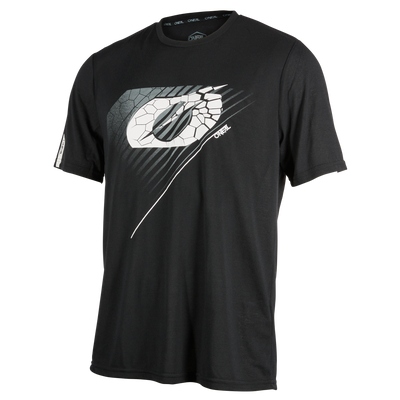 Das O'NEAL VAULT Jersey ist ein schwarzes, kurzärmeliges Mountainbike-Top mit einem großen, stilisierten Logo mit Rissen und grauen und weißen diagonalen Brustlinien. Ein kleiner O'NEAL Schriftzug unterstreicht das sportliche Erscheinungsbild.