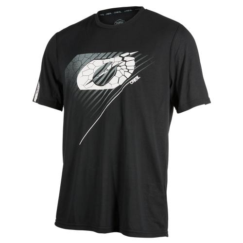 Das O'NEAL VAULT Jersey ist ein schwarzes, kurzärmeliges Mountainbike-Top mit einem großen, stilisierten Logo mit Rissen und grauen und weißen diagonalen Brustlinien. Ein kleiner O'NEAL Schriftzug unterstreicht das sportliche Erscheinungsbild.