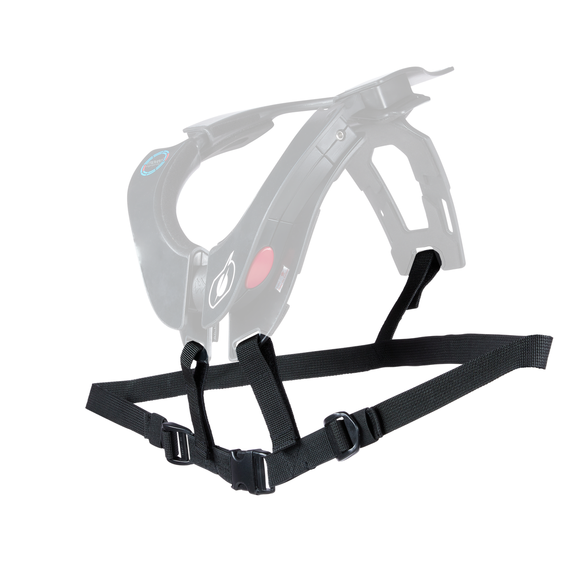 Das O'NEAL Harness TRON Neckbrace ist ein schwarzes, freihändig tragbares Gerät mit verstellbaren Riemen, einem Griff, einem roten Knopf und einem blauen Logo, das für eine komfortable Unterstützung konzipiert ist.
