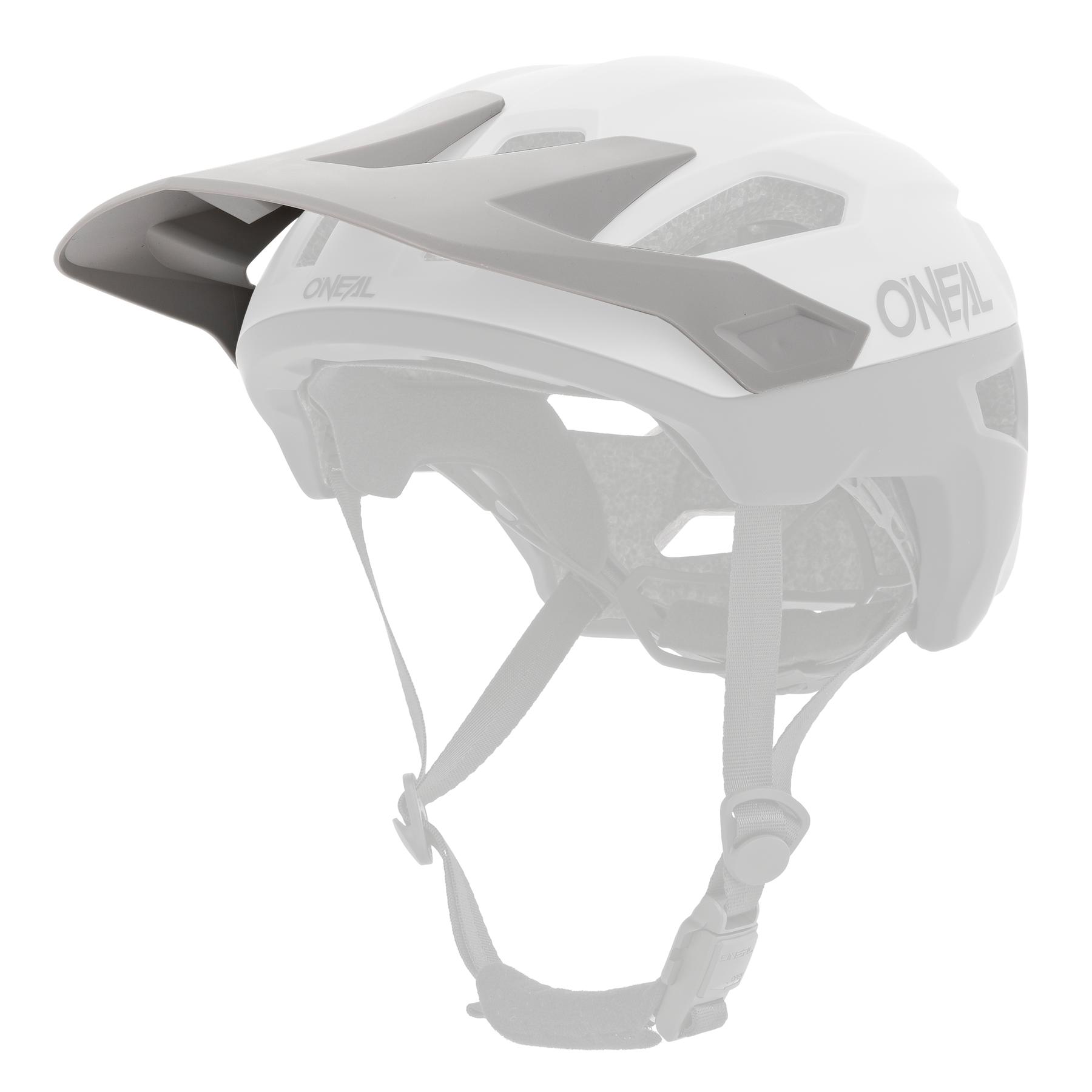 Der O'NEAL Visor TRAILFINDER Helmet SPLIT in Weiß und Schwarz verfügt über ein Visier, Belüftungslöcher und einen verstellbaren Kinnriemen. Abgebildet auf einfarbig weißem Hintergrund.