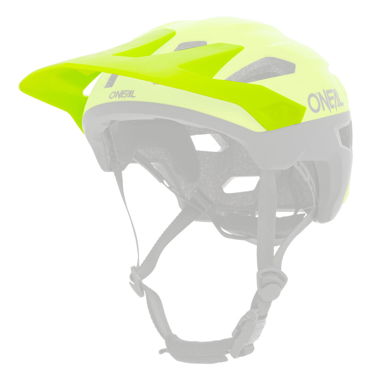 Der O'NEAL Visor TRAILFINDER Helmet SPLIT ist ein leuchtend gelber und schwarzer Fahrradhelm mit Visier und verstellbarem Kinnriemen, der von O'NEAL für Sicherheit und hervorragende Belüftung entwickelt wurde.