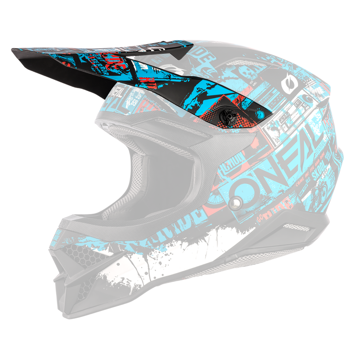 Der O'NEAL Visor 3SRS Helmet RIDE ist ein schwarzer Motocross-Helm mit auffälligen blauen, roten und weißen Grafiken und dem O'NEAL-Logo an der Seite.