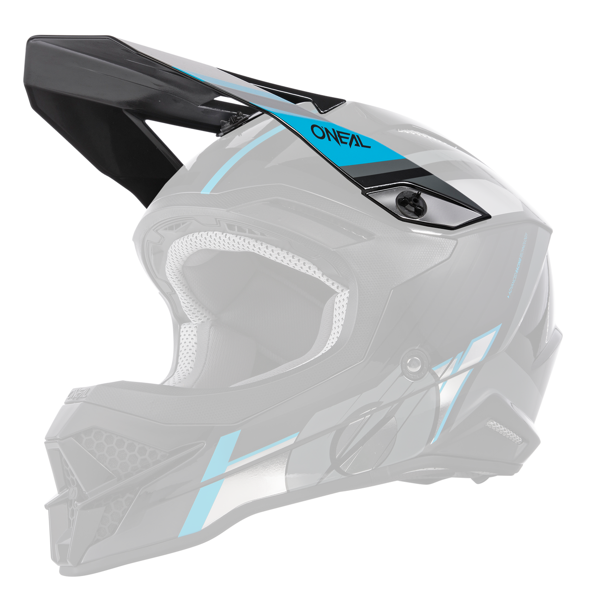 Der O'NEAL Visor 3SRS Helm VISION zeichnet sich durch ein schwarz-blaues, kantiges Design, aerodynamische Belüftungsöffnungen, eine gepolsterte Innenausstattung, ein Visier und den Schriftzug "O'NEAL" auf der Oberseite aus (in der Seitenansicht).