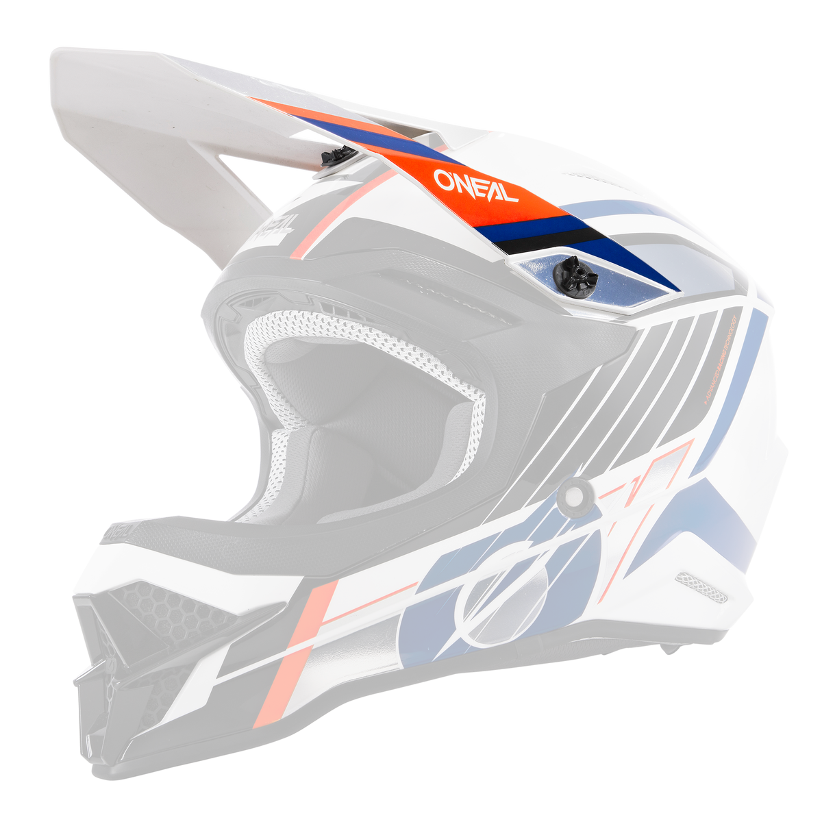 Der O'NEAL Visor 3SRS Helmet VISION ist ein weißer Motocross-Helm mit roten, blauen und schwarzen geometrischen Motiven, einem Visier, einem Kinnschutz und dem "O'NEAL"-Schriftzug im oberen Bereich.