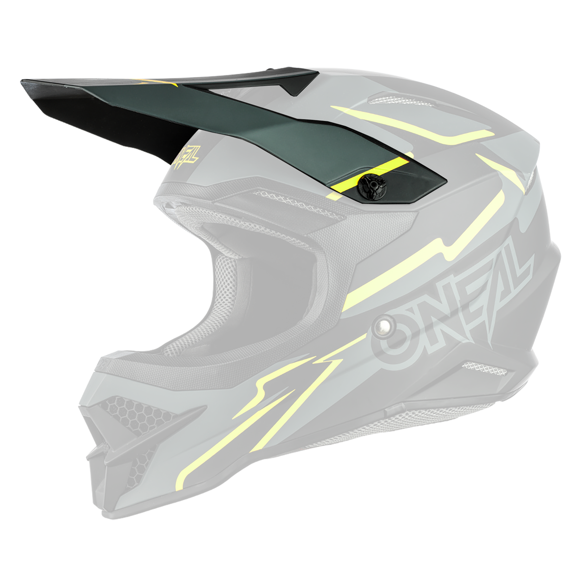 Der O'NEAL Visor 3SRS Helm VOLTAGE zeichnet sich durch ein mattschwarzes und graues Design mit gelben Akzenten, einen auffälligen O'NEAL"-Schriftzug an der Seite, ein großes Visier und einen Vollgesichtsschutz aus.