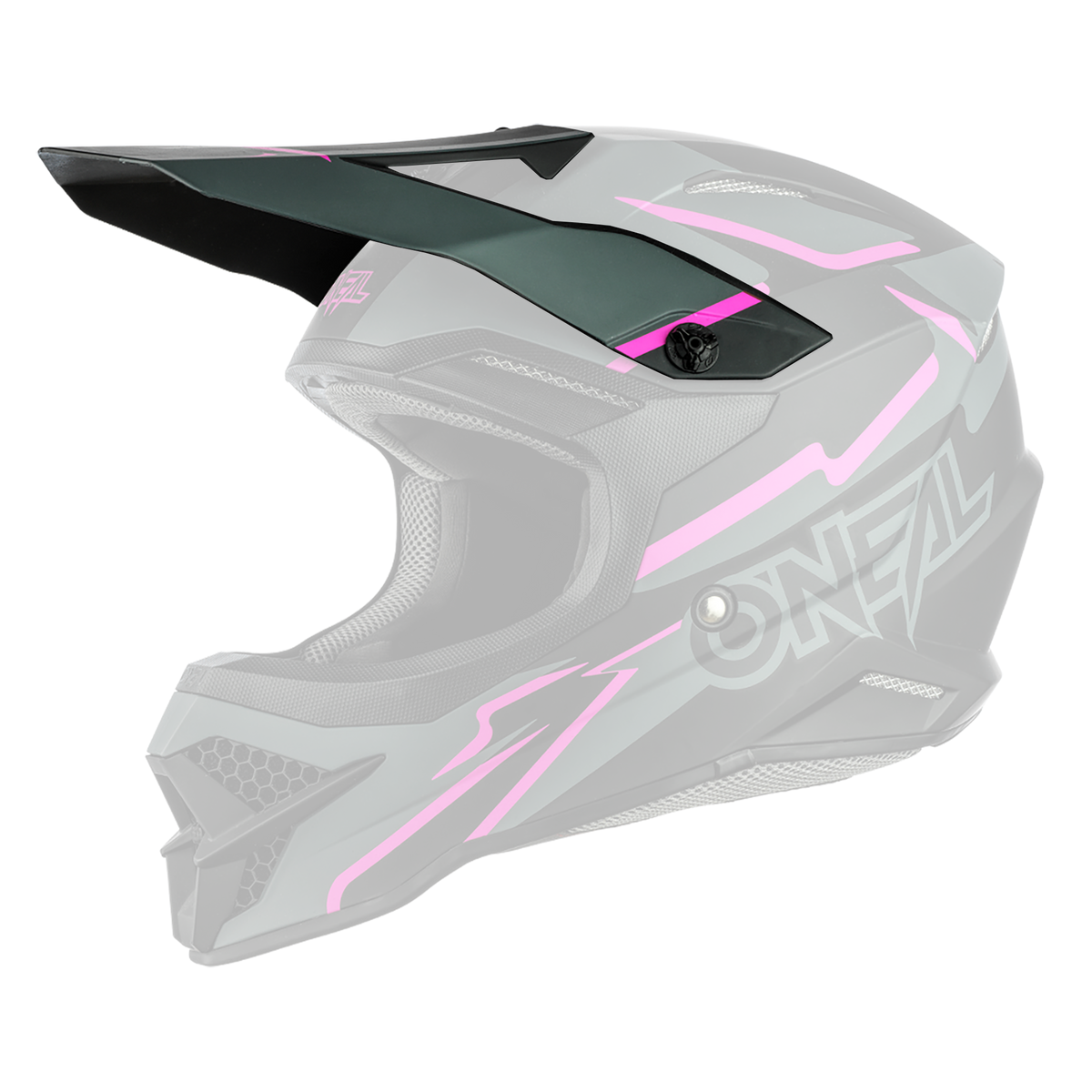 Der O'NEAL Visor 3SRS Helmet VOLTAGE ist ein schwarz-grauer Motocross-Helm mit leuchtend rosa geometrischen Mustern, einem Visier und dem "O'NEAL"-Logo an der Seite.