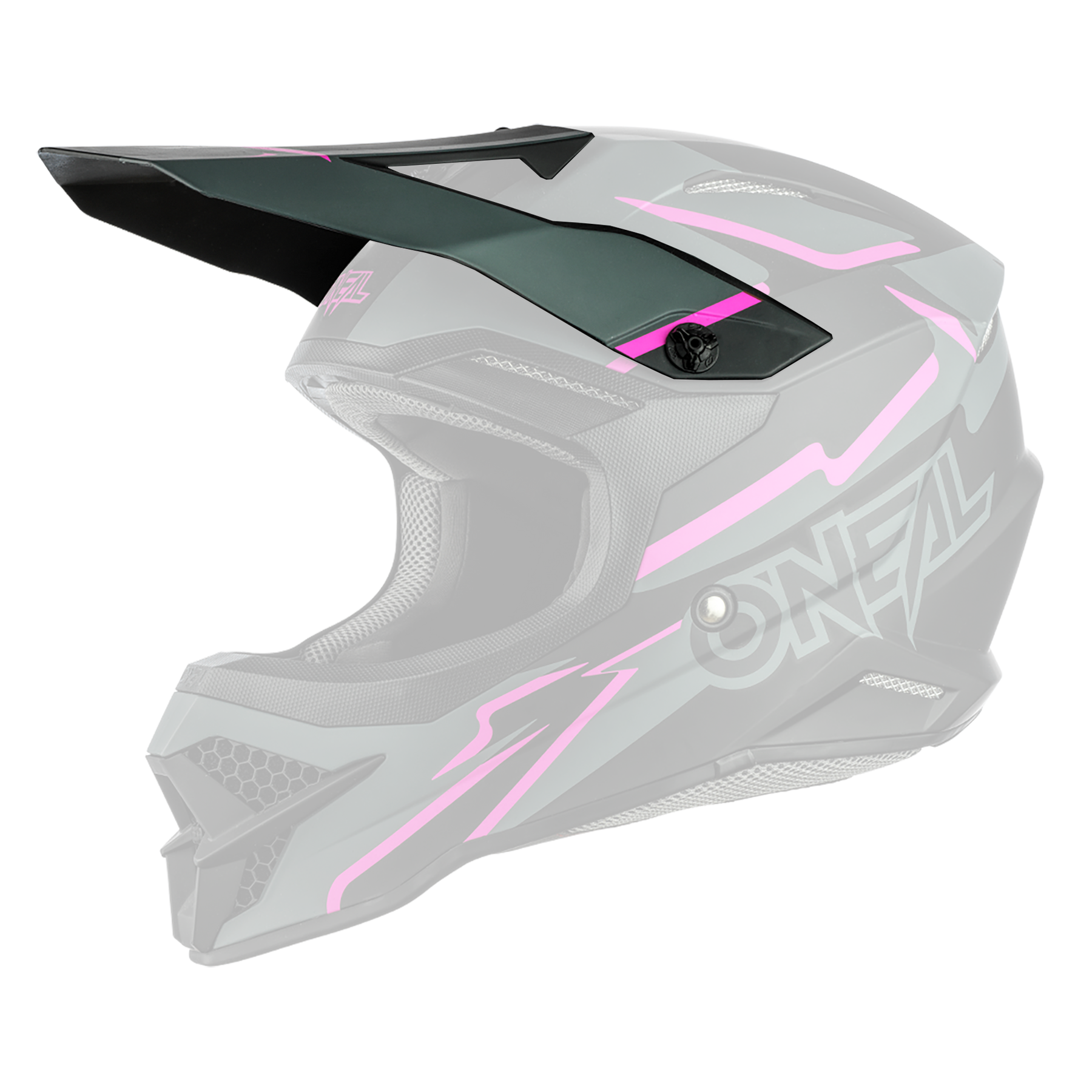 Der O'NEAL Visor 3SRS Helmet VOLTAGE ist ein schwarz-grauer Motocross-Helm mit leuchtend rosa geometrischen Mustern, einem Visier und dem "O'NEAL"-Logo an der Seite.