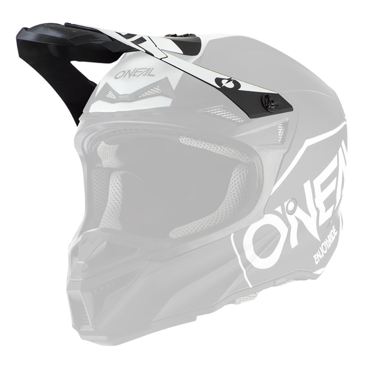 Der O'NEAL Visor 5SRS Helmet HEXX ist ein schwarz-weißer Motocross-Helm mit Visier, Netzbelüftung und auffälligem O'NEAL-Logo an der Seite, der für das Fahren im Gelände konzipiert wurde.
