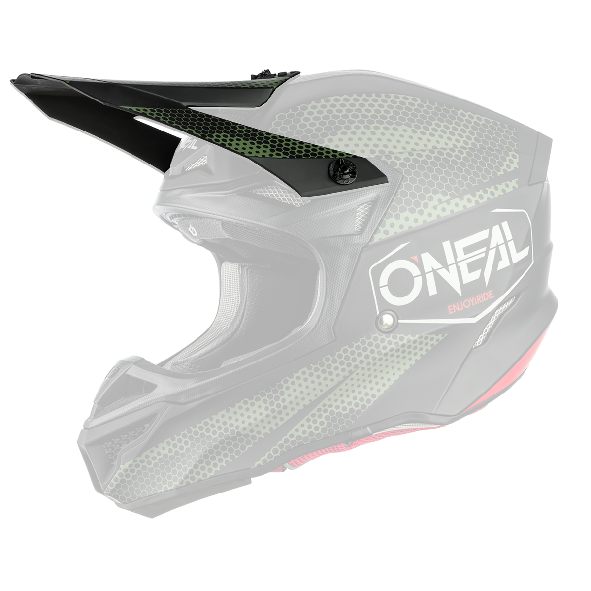 Der O'NEAL Visor 5SRS Polyacrylite Helmet COVERT ist ein schwarz-grüner Fullface-Motocross-Helm mit Visier, Wabenmuster und roten Akzenten, dargestellt im linken Seitenprofil.