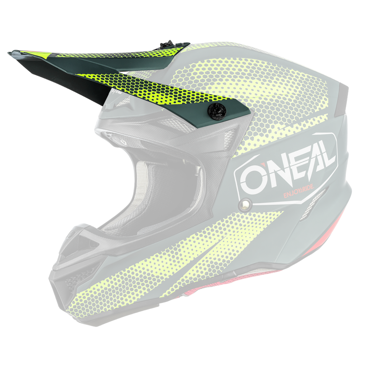Der O'NEAL Visor 5SRS Polyacrylite Helmet COVERT ist ein grün-schwarzer Motocross-Helm mit leuchtend gelben, sechseckigen Mustern, einem markanten Visier und dem Schriftzug "O'NEAL" in Weiß an der Seite.