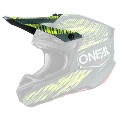 Der O'NEAL Visor 5SRS Polyacrylite Helmet COVERT ist ein grün-schwarzer Motocross-Helm mit leuchtend gelben, sechseckigen Mustern, einem markanten Visier und dem Schriftzug "O'NEAL" in Weiß an der Seite.