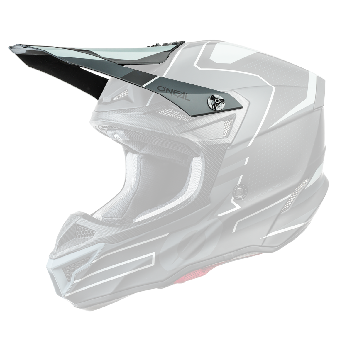 Der O'NEAL Visor 5SRS Polyacrylite Helm SLEEK ist ein schwarzer und grauer Motocross-Vollvisierhelm mit scharfen weißen Akzenten, einem Visier und Belüftungsöffnungen, die im Seitenprofil vor einem weißen Hintergrund dargestellt sind.