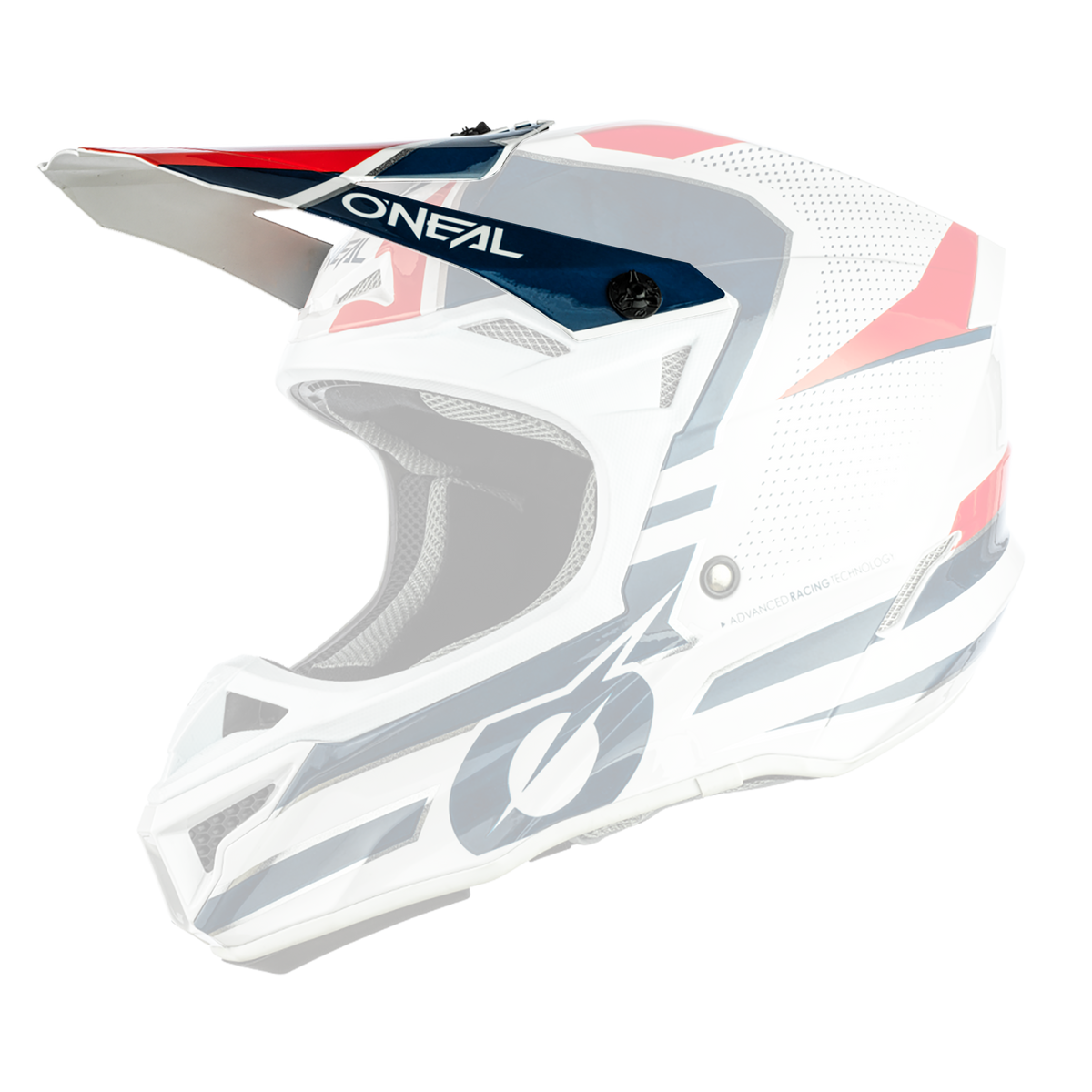 Der O'NEAL Visor 5SRS Polyacrylite Helm SLEEK ist ein weißer, blauer und roter Motocross-Helm mit einem Visier, Belüftungslöchern und einer auffälligen Grafik, die von der Seite auf weißem Hintergrund dargestellt wird.
