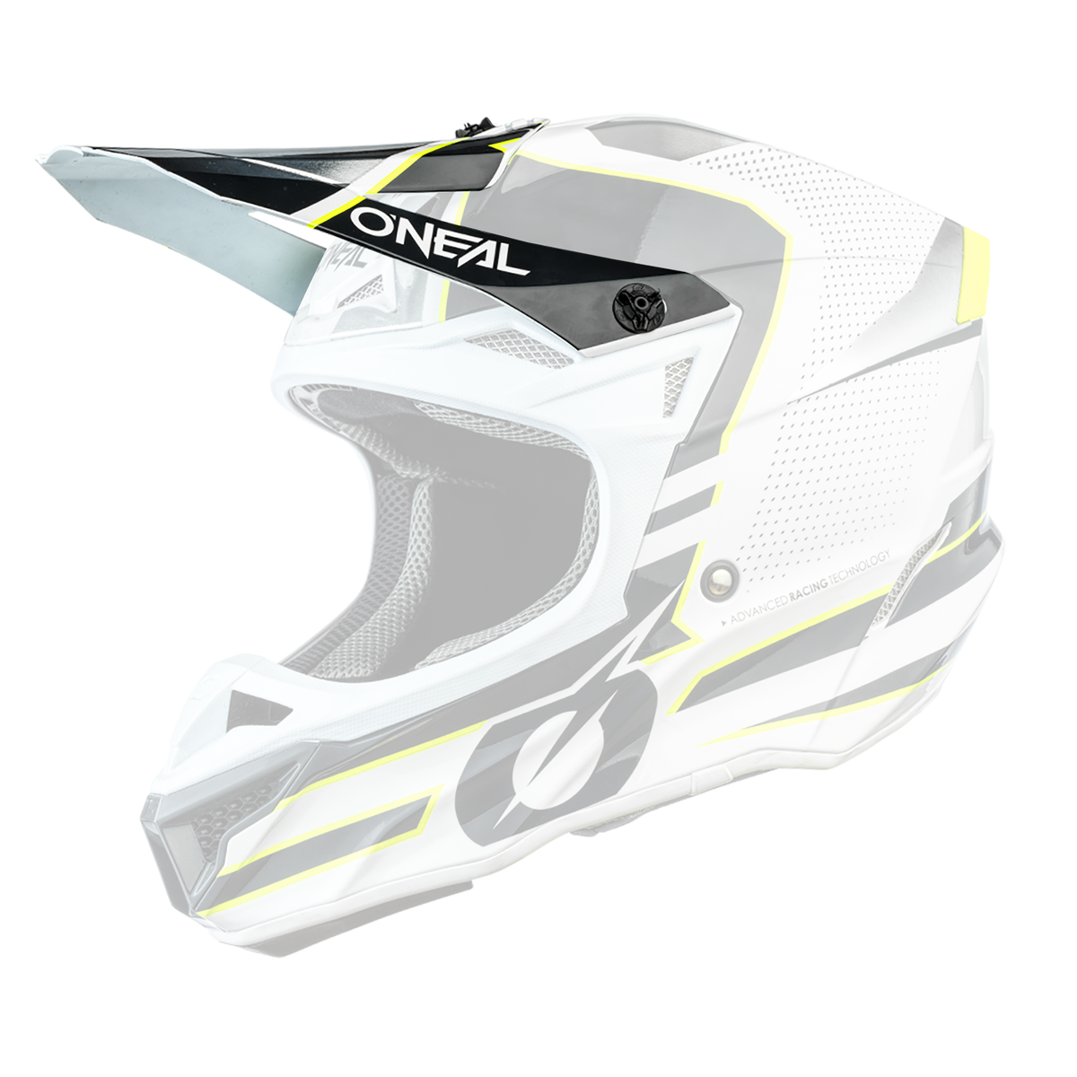 Der O'NEAL Visor 5SRS Polyacrylite Helmet SLEEK ist ein weißer, schwarzer und gelber Motocross-Helm mit spitzem Visier, aerodynamischem Design, Belüftungslöchern und auffälligen geometrischen Mustern.