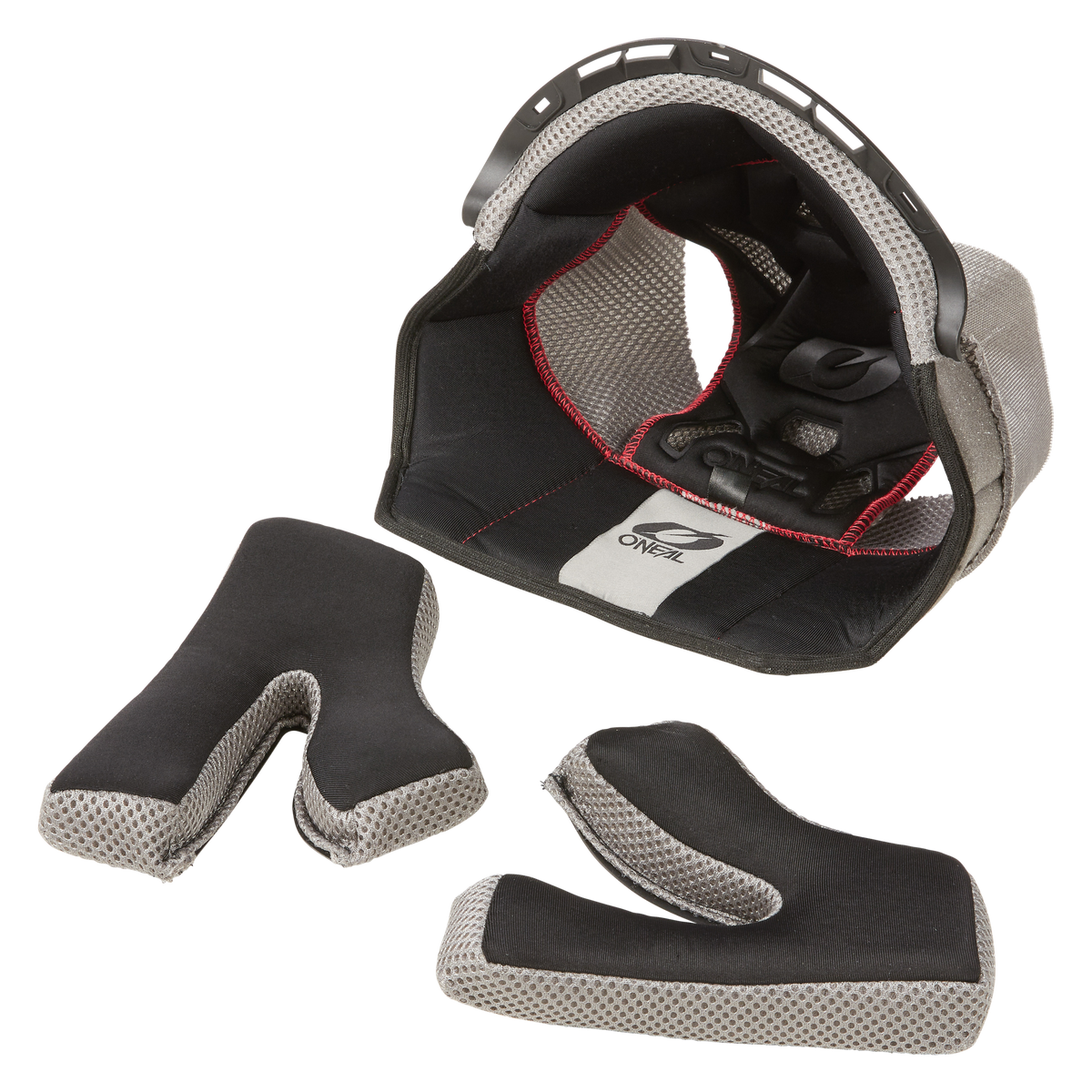 Abgebildet sind herausnehmbare O'NEAL Liner & Cheek Pads für den BACKFLIP-Helm mit Stoff- und Mesh-Oberflächen und dem sichtbaren "O'NEAL"-Markenzeichen auf dem Hauptliner.
