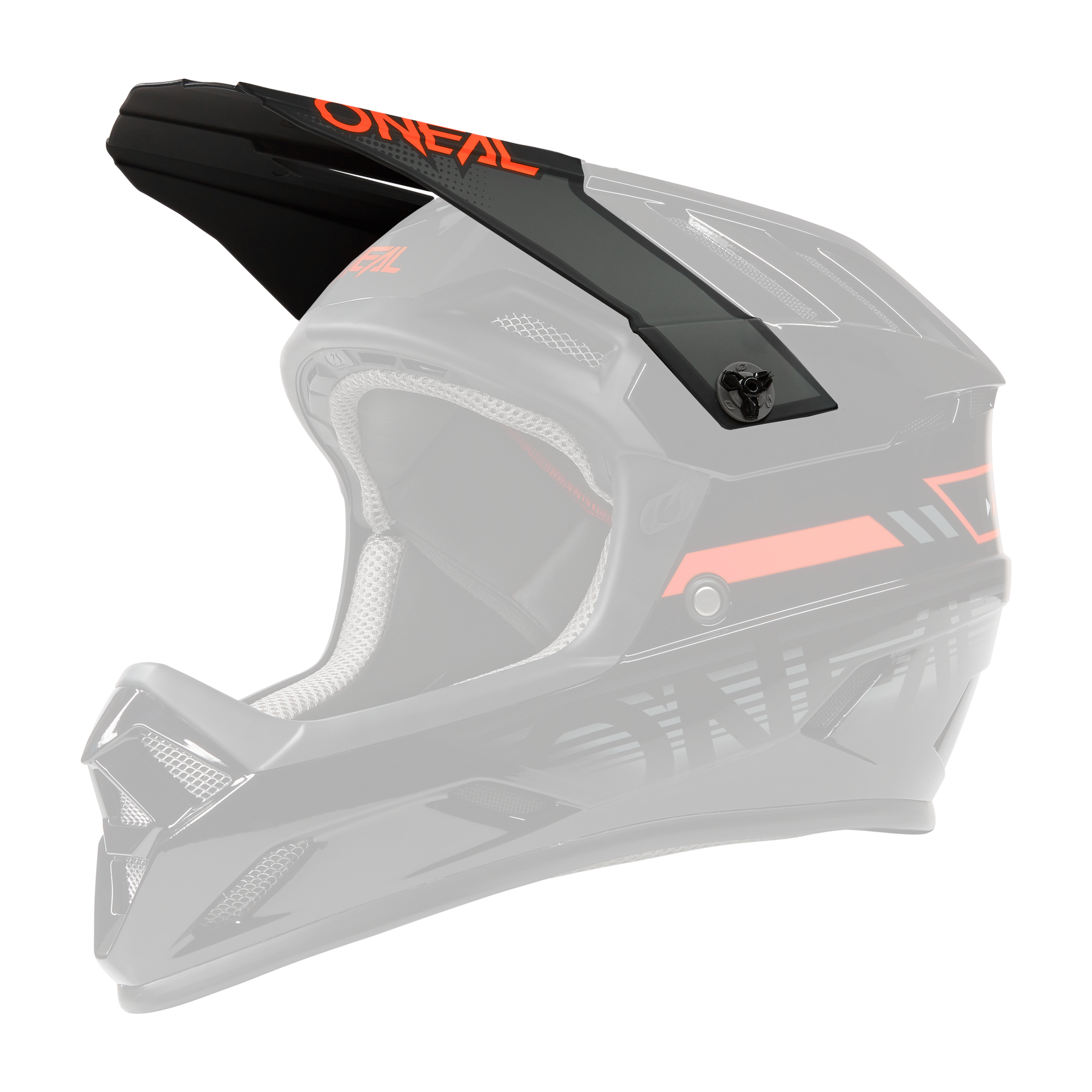 Der O'NEAL Visor BACKFLIP Helmet ECLIPSE ist ein schwarzer Vollvisier-Motocross-Helm mit orangefarbenen und grauen Akzenten, dargestellt im Seitenprofil auf schwarzem Hintergrund.