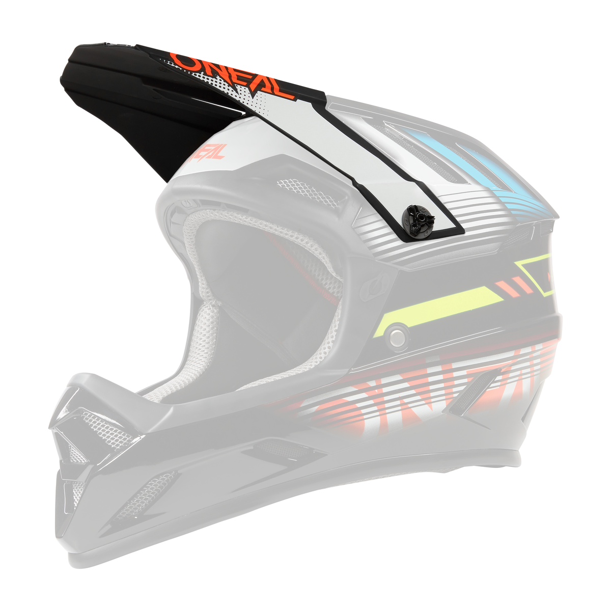 Der O'NEAL Visor BACKFLIP Helmet ECLIPSE ist ein schwarzer Fullface-Motocross-Helm mit weiĆen, blauen, gelben und orangefarbenen Grafiken, einem Visier, umfangreicher Belüftung und einem auffƤlligen orangefarbenen "O'NEAL"-Schriftzug an der Seite.