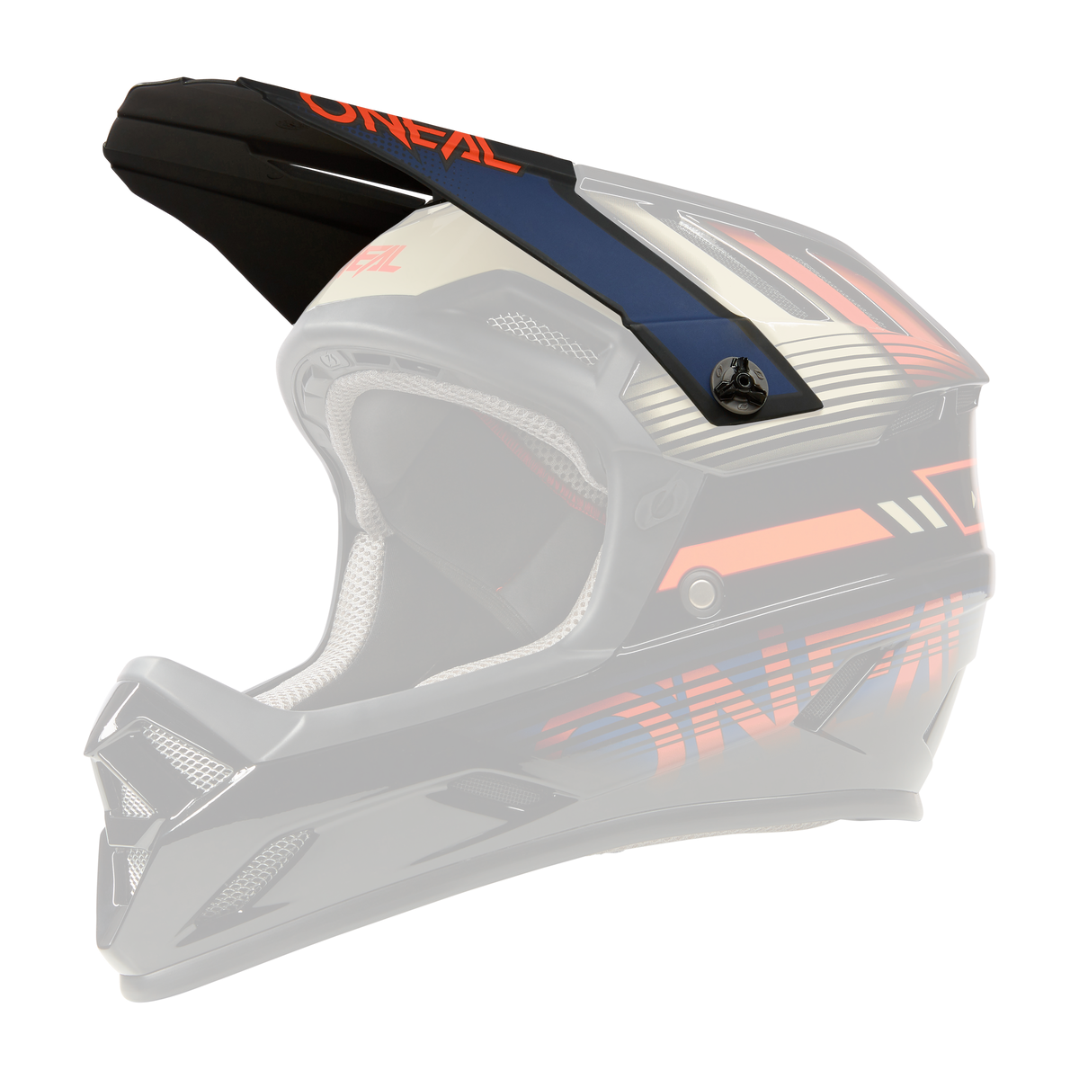 Der O'NEAL Visor BACKFLIP Helmet ECLIPSE ist ein Vollvisier-Motocross-Helm mit einem schwarz-gold-roten geometrischen Design und dem O'NEAL-Logo auf der Seite vor einem schwarzen Hintergrund.
