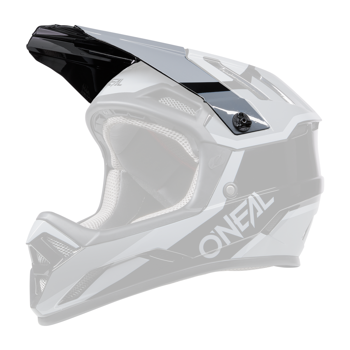 Der O'NEAL Visor BACKFLIP Helmet STRIKE ist ein Fullface-Motocross-Helm in den Farben Schwarz, Weiß und Grau mit einem Visier, Belüftungsöffnungen und dem O'NEAL-Logo an der Seite.