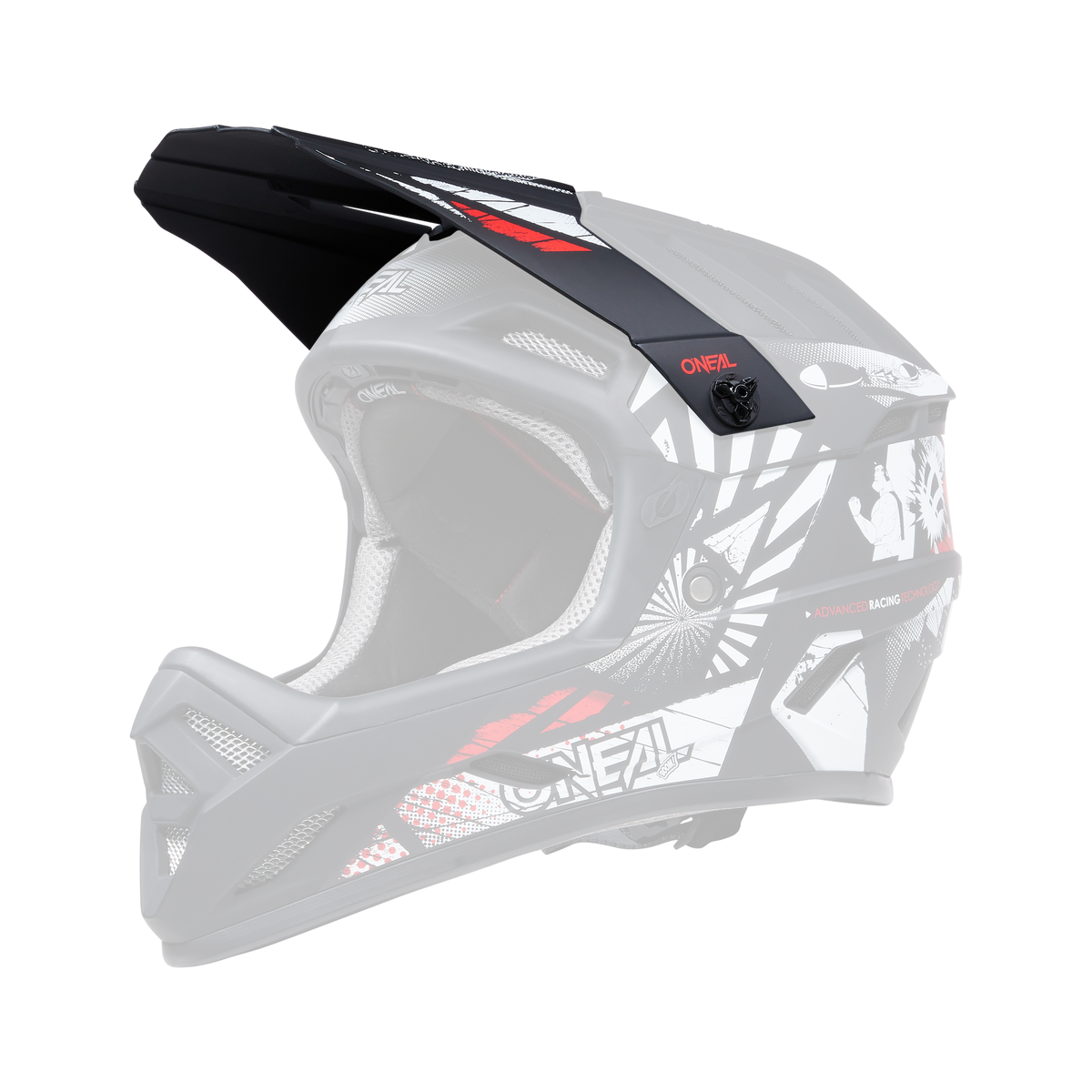 Der O'NEAL Visor BACKFLIP Helmet BOOM ist ein schwarzer Fullface-Motocross-Helm mit weiĆer und roter Grafik, groĆem Visier, Netzbelüftung und "O'NEAL"-Branding an der Seite und am Kinnschutz.
