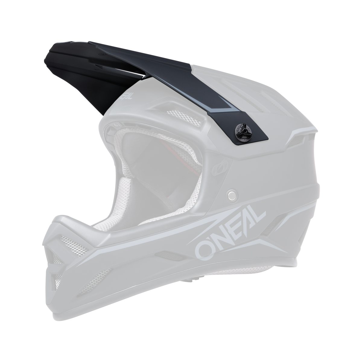Der O'NEAL Visor BACKFLIP Helmet SOLID ist ein mattschwarzer Fullface-Motocross-Helm mit Visier, mehreren Belüftungsöffnungen und grauer Innenpolsterung, dargestellt auf schwarzem Hintergrund.