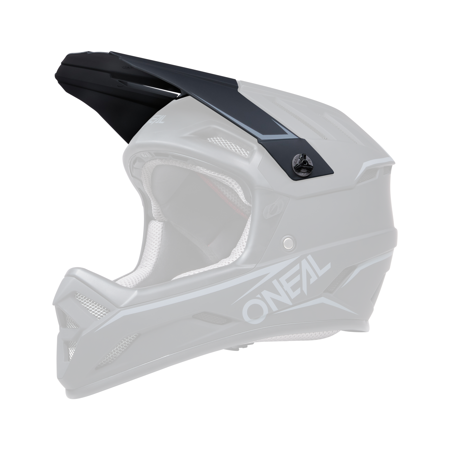 Der O'NEAL Visor BACKFLIP Helmet SOLID ist ein mattschwarzer Fullface-Motocross-Helm mit Visier, mehreren Belüftungsöffnungen und grauer Innenpolsterung, dargestellt auf schwarzem Hintergrund.