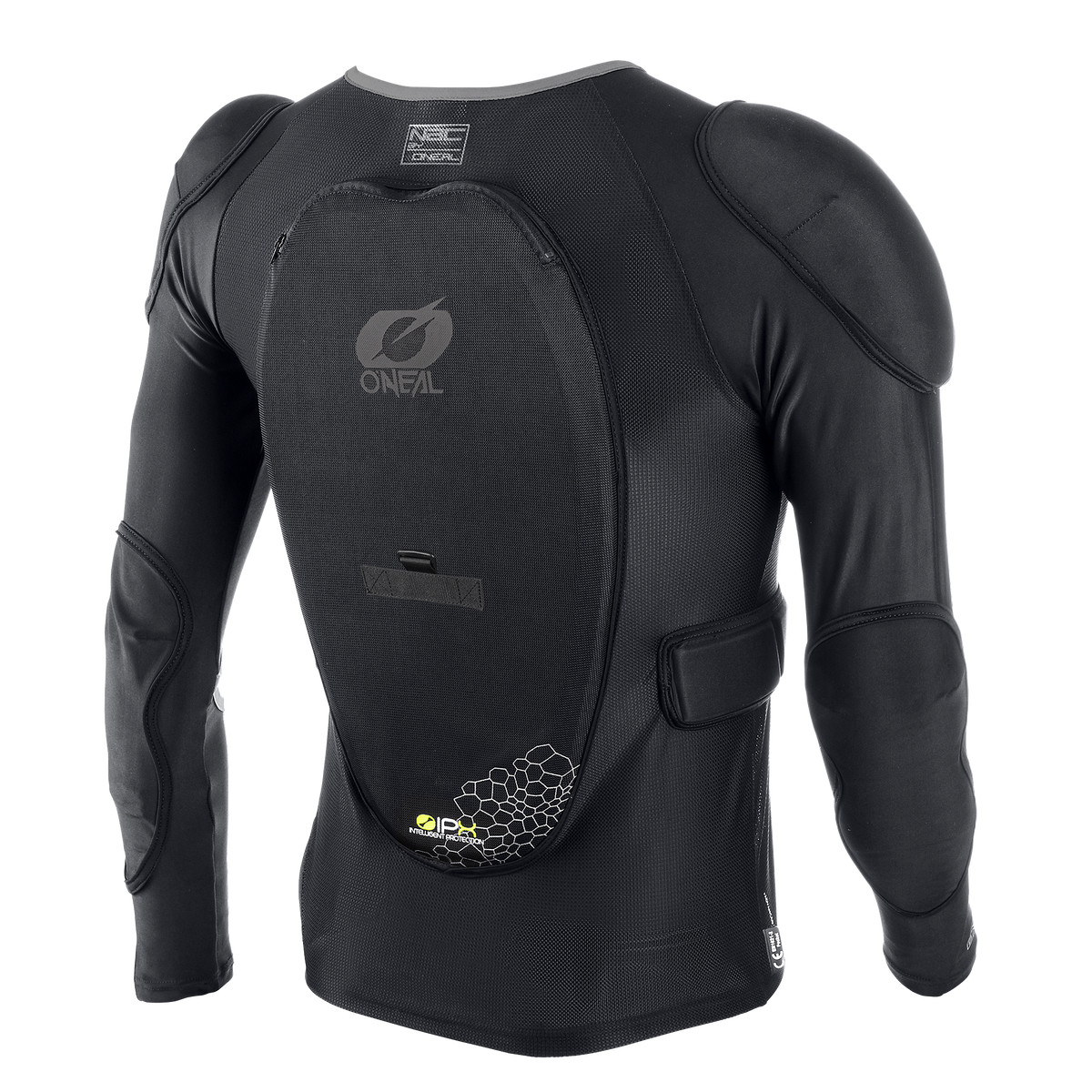 Die schwarze O'NEAL BP Protektoren Jacke verfügt über gepolsterte Schultern, Ellbogen, einen großen Rückenprotektor für hohe Belastungen und das O'NEAL-Logo auf der Rückenpolsterung.
