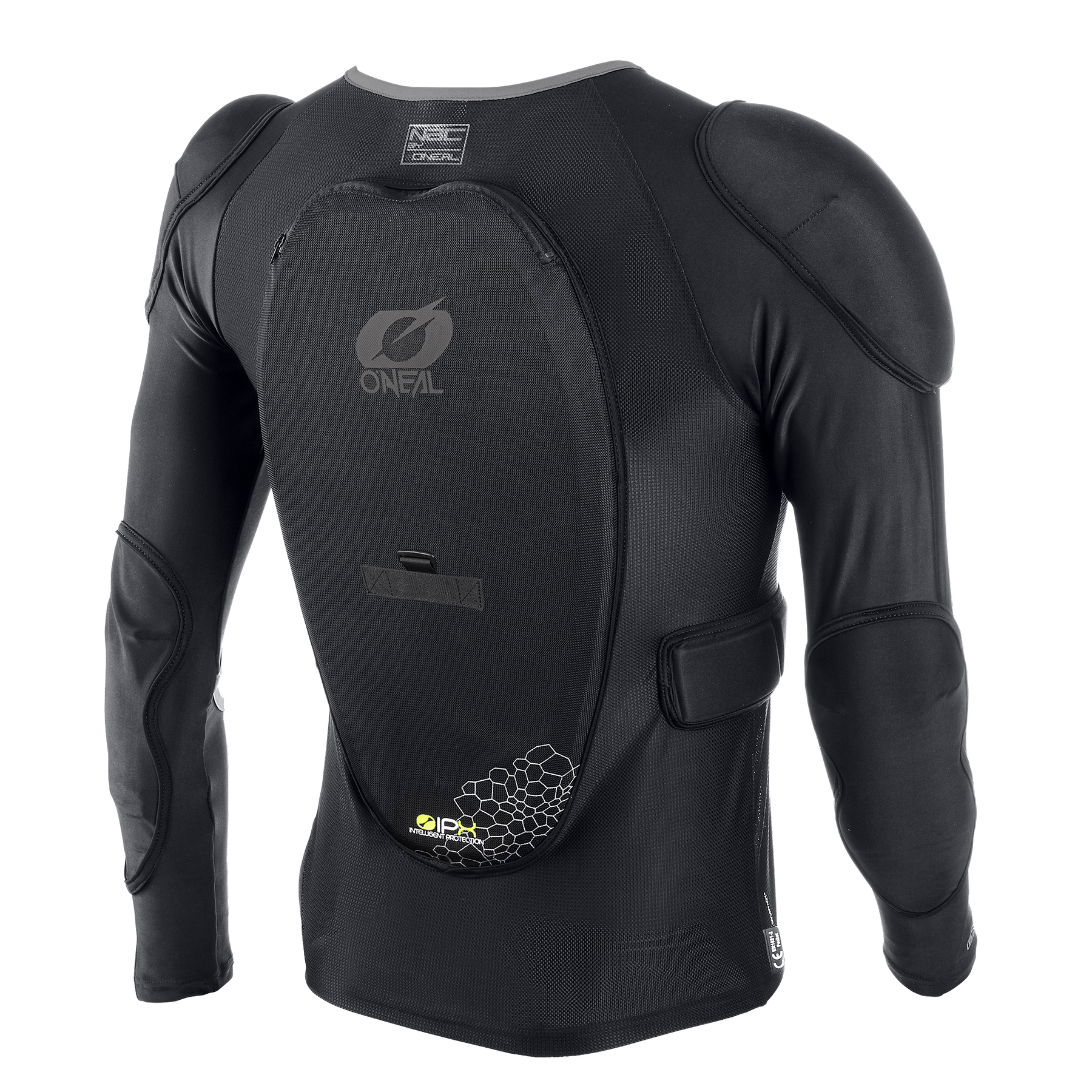 Die schwarze O'NEAL BP Protektoren Jacke verfügt über gepolsterte Schultern, Ellbogen, einen großen Rückenprotektor für hohe Belastungen und das O'NEAL-Logo auf der Rückenpolsterung.