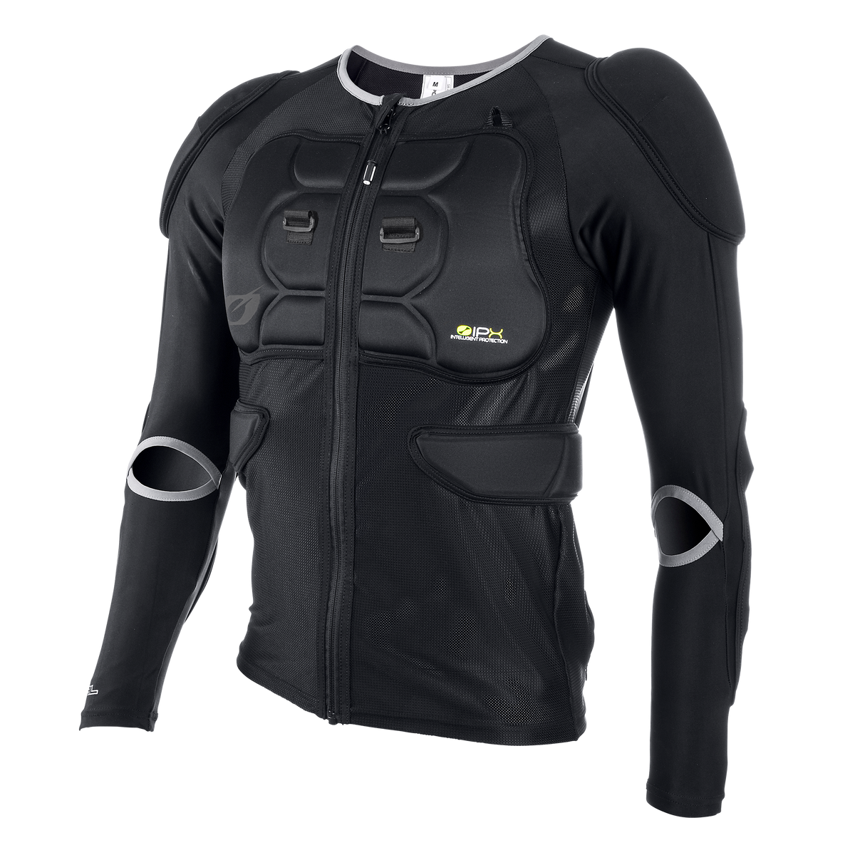 Die O'NEAL BP Protektoren Jacke ist eine schwarze, langärmelige Jacke mit Brust-, Schulter- und Ellbogenpolsterung für Sport oder Motorradfahren. Sie bietet Aufprallschutz, verfügt über einen Frontreißverschluss und Netzgewebe für Atmungsaktivität.