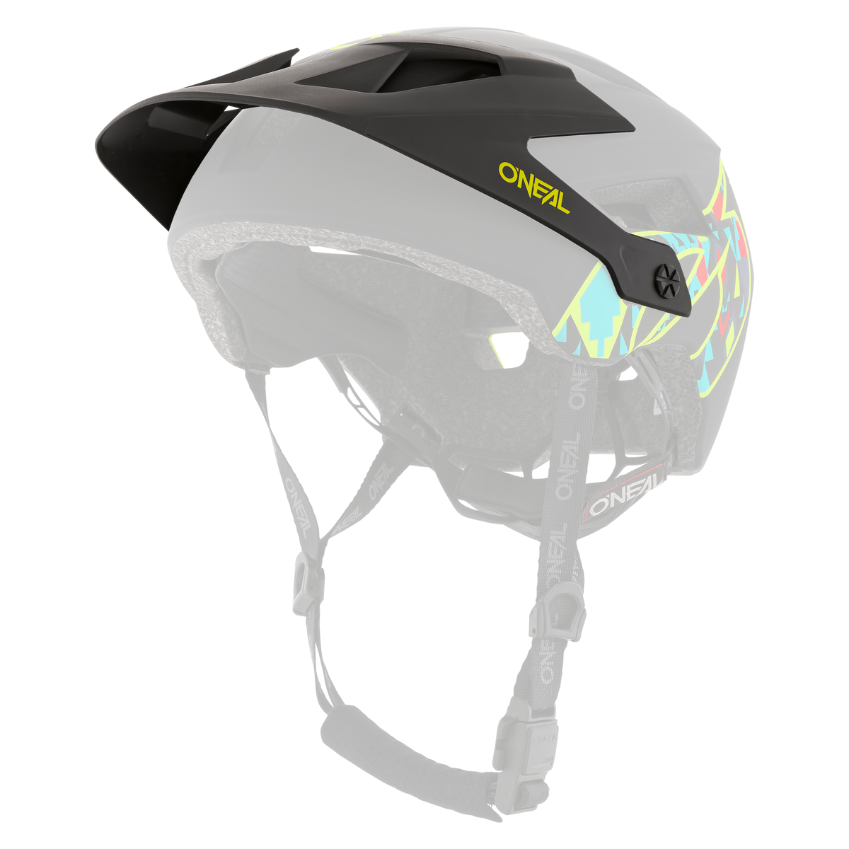 Der O'NEAL Visor DEFENDER Helmet MUERTA ist ein schwarzer Fahrradhelm mit neonblauen und gelben geometrischen Akzenten, verstellbaren Riemen, Innenpolsterung und Visier, dargestellt von der Seite nach hinten.