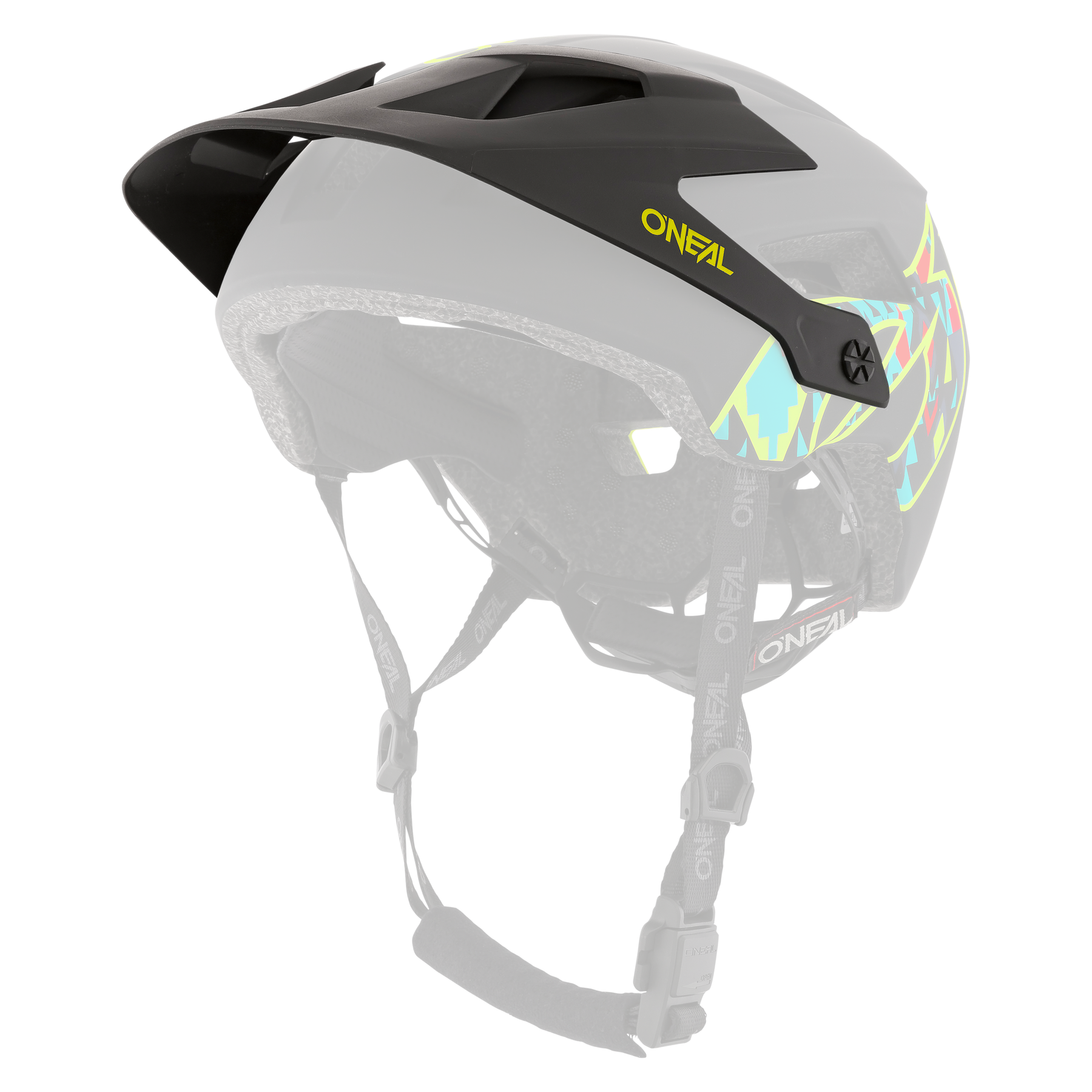 Der O'NEAL Visor DEFENDER Helmet MUERTA ist ein schwarzer Fahrradhelm mit neonblauen und gelben geometrischen Akzenten, verstellbaren Riemen, Innenpolsterung und Visier, dargestellt von der Seite nach hinten.