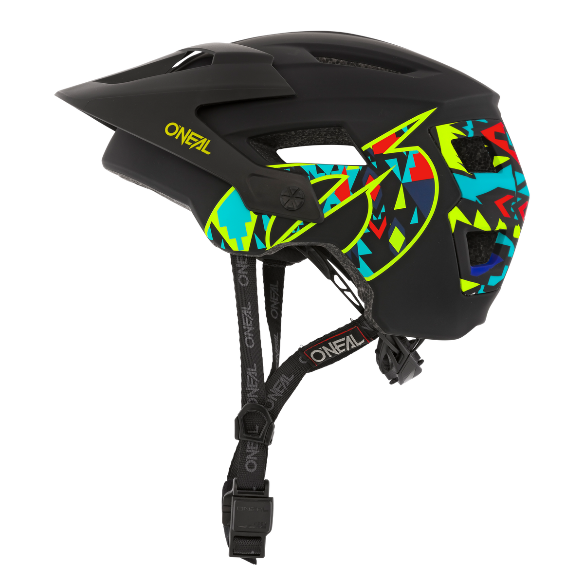 Der O'NEAL DEFENDER Helm MUERTA zeichnet sich durch ein lebhaftes geometrisches Design mit Belüftungslöchern, ein verstellbares Visier und sichere Kinnriemen aus.