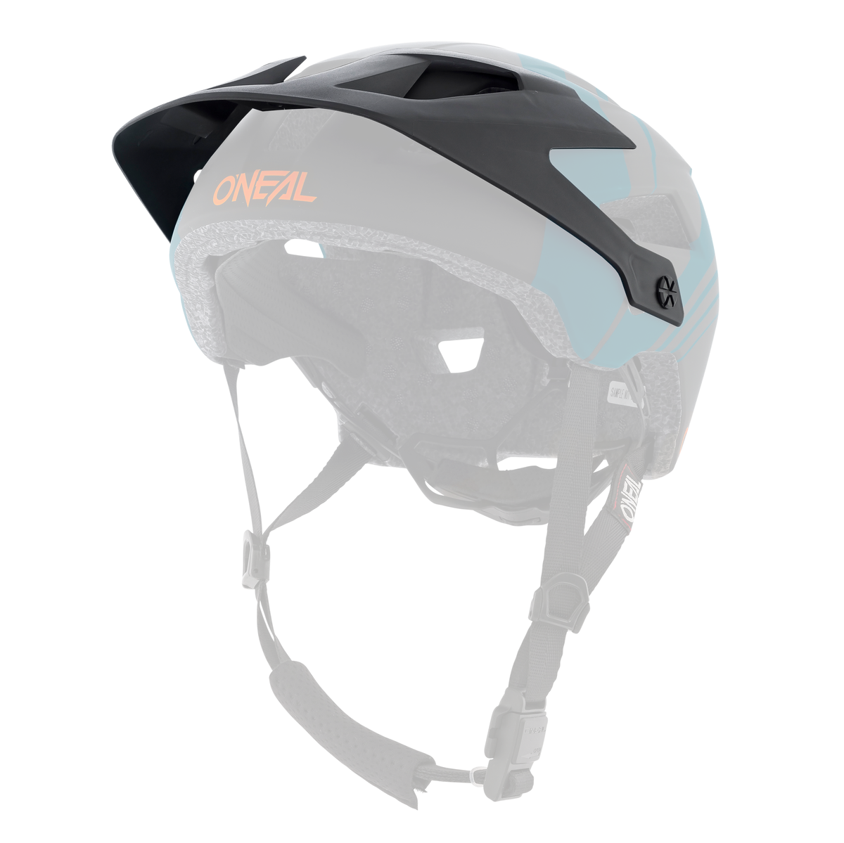 Der O'NEAL Visor DEFENDER Helm NOVA in Schwarz und Petrol verfügt über ein Visier, verstellbare Riemen und Belüftungslöcher, dargestellt von hinten vor einem weißen Hintergrund.