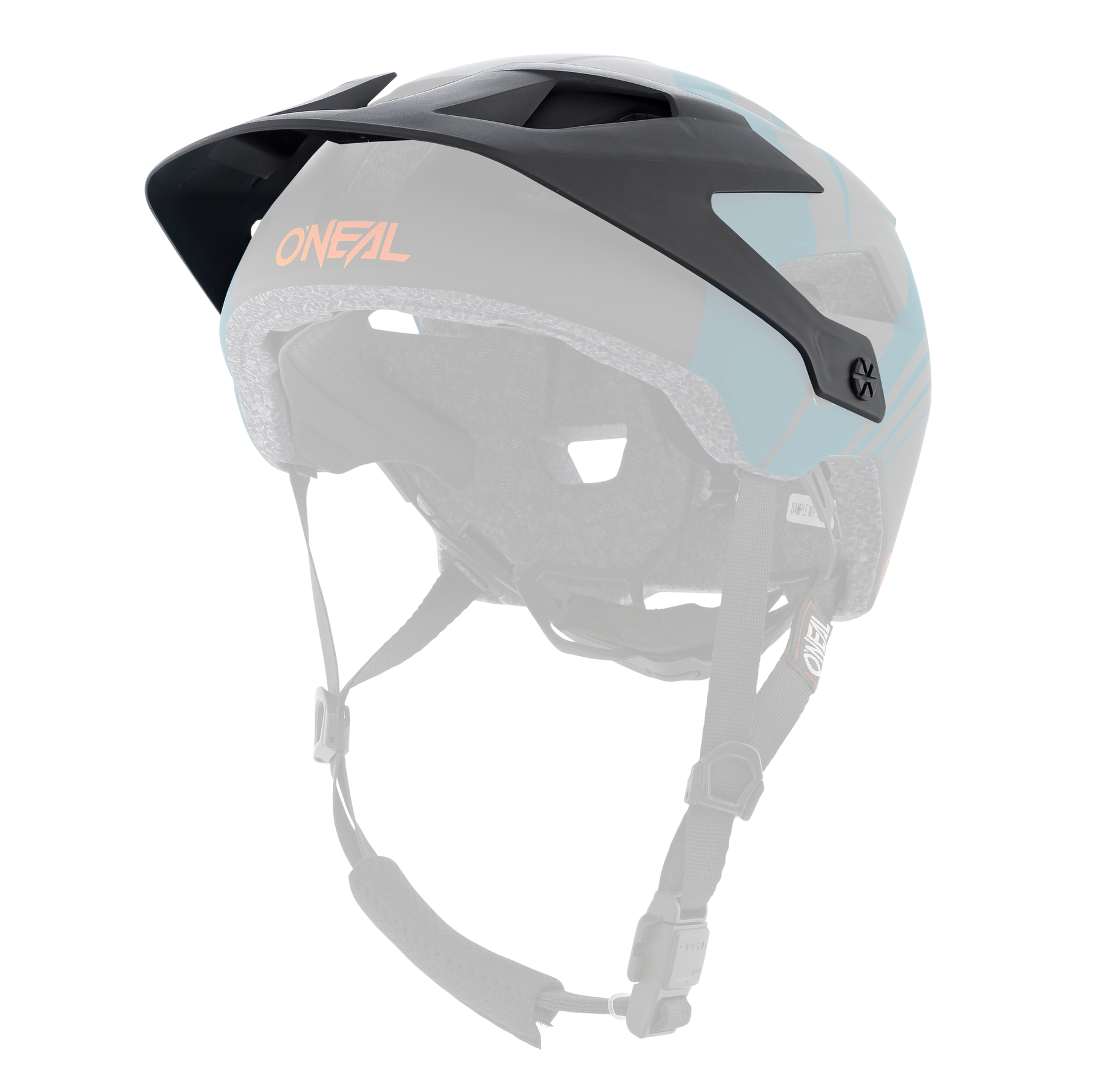 Der O'NEAL Visor DEFENDER Helm NOVA in Schwarz und Petrol verfügt über ein Visier, verstellbare Riemen und Belüftungslöcher, dargestellt von hinten vor einem weißen Hintergrund.