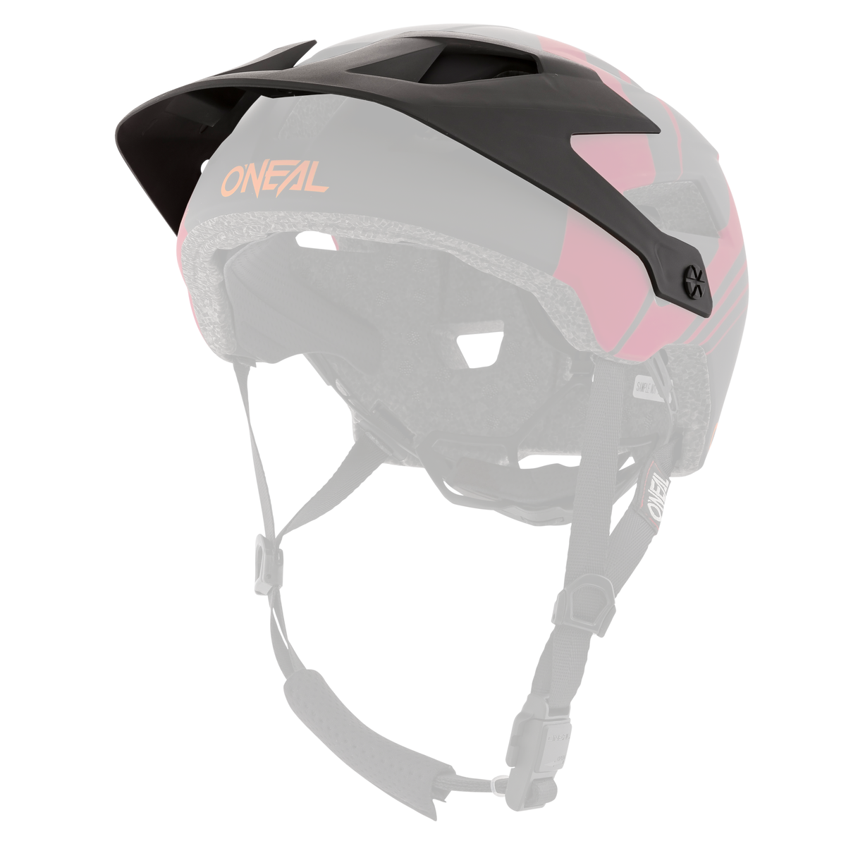 Der O'NEAL Visor DEFENDER Helm NOVA in Schwarz und Rot mit Visier, verstellbaren Riemen und gepolsterter Innenseite ist von hinten auf weißem Hintergrund zu sehen.
