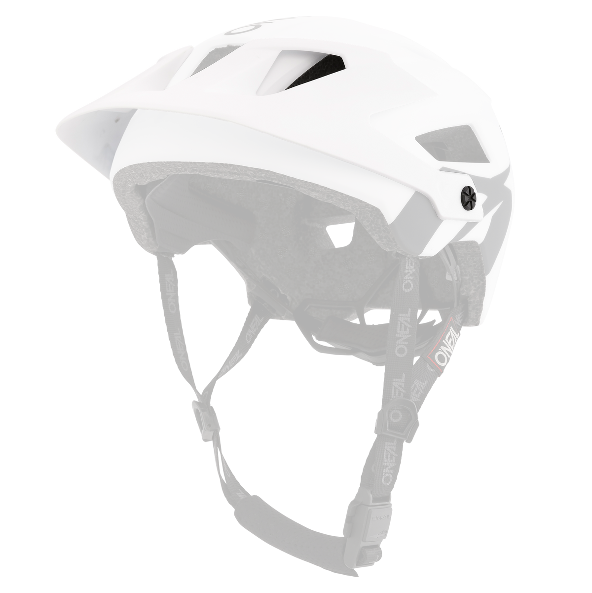 Der O'NEAL Visor DEFENDER Helmet SOLID ist ein weißer Fahrradhelm mit Belüftungslöchern, schwarzen verstellbaren Riemen, Visier, Innenpolsterung und einer sicheren Kinnschnalle. Der Helm der Marke O'NEAL ist isoliert auf einem weißen Hintergrund abgebildet.