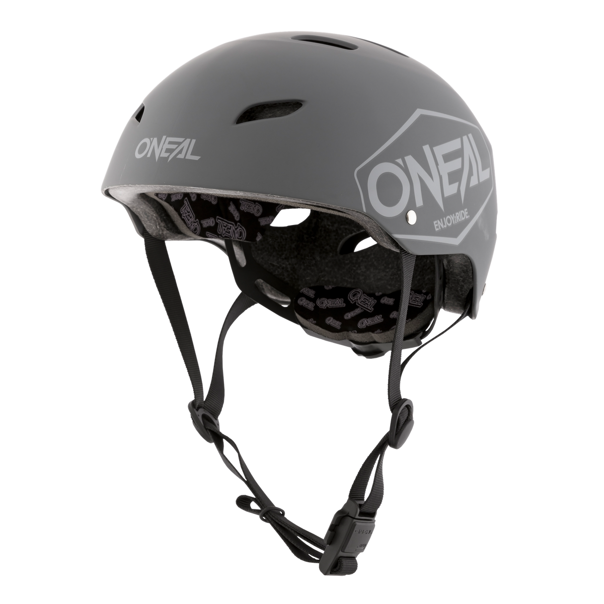 Der O'NEAL DIRT LID Helm Kinder PLAIN ist ein schwarzer Jugendhelm mit Belüftungslöchern, sichtbarer Innenpolsterung, verstellbaren Kinnriemen und einem weißen O'NEAL-Logo an der Seite. Entworfen für Komfort und Sicherheit von O'NEAL.