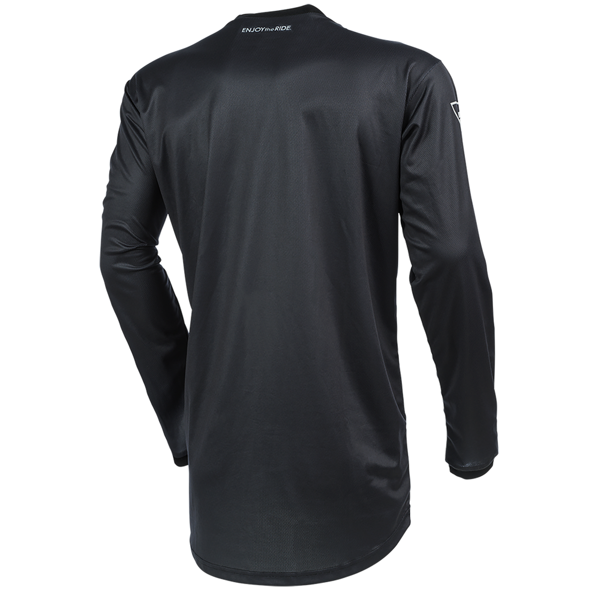Das O'NEAL ELEMENT Jersey DIRT ist ein schwarzes, langärmeliges Sportshirt mit Rundhalsausschnitt, einem kleinen weißen O'NEAL-Logo auf dem oberen Rücken und glattem, leicht glänzendem, atmungsaktivem Material für hohen Tragekomfort.