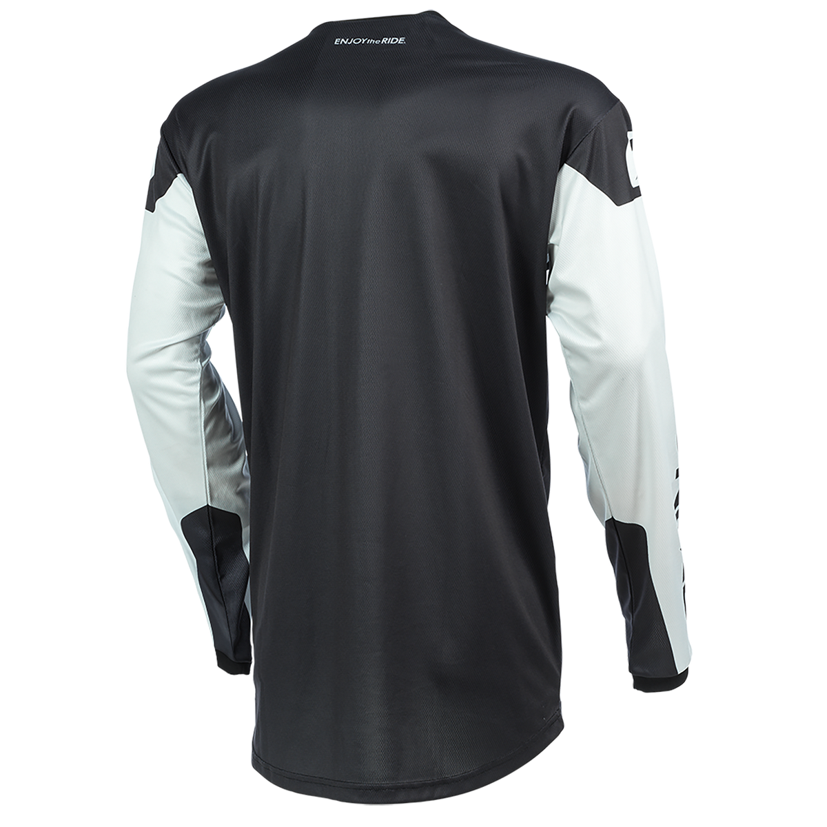 Das von hinten gezeigte O'NEAL ELEMENT Jersey THREAT hat einen schwarzen Körper, hellgraue Ärmel mit schwarzen Aufnähern an Schultern und Unterarmen, atmungsaktives Material und den Schriftzug ENDURORIDE" am Halsausschnitt.